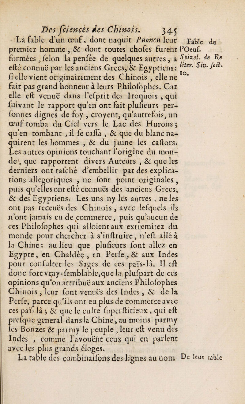 La fable d’un œuf, dont naquit Puonculeur Fable de premier homme , de dont toutes chofes furent POeuf. formées , félon la penfée de quelques autres, & Spi&el. de Re cité connue par les anciens Grecs, de Egyptiens: ^îter‘ fi elle vient originairement des Chinois , elle ne fait pas grand honneur à leurs Philofophes. Car elle eft venue dans Pefprit des Iroquois , qui fuivant le rapport qu’en ont fait plufieurs per- ionnes dignes de foy , croyent, qu’autrefois, un œuf tomba du Ciel vers le Lac des Hurons > qu’en tombant , il fe caffa , de que du blanc na¬ quirent les hommes , de du jaune les caftors. Les autres opinions touchant l’origine du mon¬ de', que rapportent divers Auteurs , de que les derniers ont tafehé d’embellir par des explica¬ tions allégoriques , ne font point originales , puis qu’elles ont efté connues des anciens Grecs, de des Egyptiens. Les uns ny les autres , ne les ont pas receues des Chinois, avec lefquels ils n’ont jamais eu de commerce, puis qu’aucun de ces Philofophes qui aboient aux extremitez du monde pour chercher à s’inflruirc, n’eft allé à la Chine : au lieu que plufieurs font allez en Egypte, en Chaîdée , en Perfe., de aux Indes pour confulter les Sages de ces païs-là. Il dE donc fort vr;ay‘femblabie,que la. plufpart de ces opinions qu’on attribue aux anciens Philofophes Chinois, leur font venues des Indes, de de la Perfe, parce qu’ils ont eu plus de commerce avec ces païb là , de que le culte fuperftitieux, qui efi: prefque general dans la Chine, au moins parmy les Bonzes de parmy le peuple , leur eft venu des Indes , comme l’avouent ceux qui en parlent avec les plus grands éloges. La tapie des çombinaifons des lignes au nom De kui table