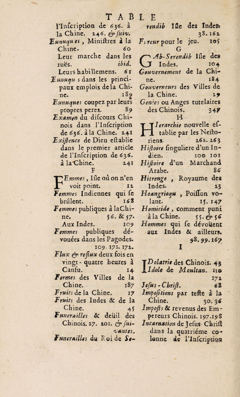 l'Infcription de 636. à la Chine, z+6. &fuiv. Eunuqu es , Miniftres à la Chine. 60 Leur marche dans les rues. ibid. Leurs habillemens» 61 Eunuqu s dans les princi¬ paux emplois delà Chi¬ ne. 18g 'Eunuques coupez par leurs propres peres. 89 Examen du difeours Chi¬ nois dans l’Infcription de 636. à la Chine. 141 Exifience de Dieu eftablie dans le premier article de i’Infcription de 636. à laChinc. 141 F F E mm es, Ifle ou on n’en voit point. iz Femmes Indiennes qui fe brûlent. 168 Femmes publiques à laChi- ne. $6. Sc 57. Aux Indes. 107 Femmes publiques dé¬ vouées dans les Pagodes. 107. 171.172,. Flux & reflux deux fois en vingt - quatre heures à Canfu. 14 Formes des Villes de la Chine. 187 Fruits de la Chine. 17 Fruits des Indes Sc de la Chine. Funérailles Sc deuil des Chinois. 17. zoi. & fui- ‘vantes. Funérailles du R. ci de St- rendib Ifle des Indef% 38.i6z pour le jeu. 10$ G j^-b-Serendib Ifle des Indes. i©4 Gouvernement de la Chi¬ ne. 184 Gouverneurs des Villes de la Chine. 17 Genies ou Anges tutélaires des Chinois. 347 H Hiérarchie nouvelle ef¬ tablie par les Nefto- riens. z6x. 163 Hiflotre fînguliere d’un In¬ dien. 10© IOÎ Hiftoire d’un Marchand Arabe. 86 Hitrenge , Royaume des Indes. 13 Hoangrioqu , Poiflbn vo¬ lant. 15. 147 Homicide , comment puni à la Chine. Hommes qui fe dévoilent aux Indes & ailleurs» 78.77.167 î IDolatrieàzs Chinois. 43 Idole de Moult an. ïi© 17% Jefu s - Chrifi, 68 Impoflfions par tefte a la Chine. 30.36 Impofl s & revenus des Em¬ pereurs Chinois. 197.19S Incarnation de Jefus Chrift dans la quatrième co¬ lonne de i’IaferipÛQj?