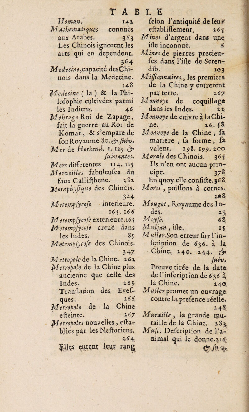 Homan, 141 M athematiques connues aux Arabes. 363 Les Chinois ignorent les arts qui en dépendent. 364 Medecine ycapacité desChi- nois dans la Medecine. Medecine ( la ) & la Phi- lolophie cultivées parmi les Indiens. 4^ Mehrœge Roi de Zapage, fait la guerre au Roi de Koraar, & s’empare de fon Royaume. 80 fui v. Mer de Herkend. 1. 1x5 (y fumantes. Mers differentes 114. 115 Merveilles fabulcufes du faux Cailifthene. 282 Metapbyfique des Chinois. 3-4 Metenffycofe intérieure. 16S- 166 Metempfycofe extérieure. 165 Metempfycrfe creuë. dans les Indes. 85 M etempfycofe des Chinois. 347 M etropole de la Chine. 161 Métropole de la Chine plus ancienne que celle des Indes. i<54 Traiiflation des Evef- ques. ^ 2.66 M etropole de la Chine efteinte. , 2.67 ^Métropoles nouvelles, éta¬ blies par les Neftoriens. \6 4 Çlles eurent leur rang félon l’antiquité de Icüîf eftabliffemenr. 16 % Mines d’argent dans une ifle inconnue. 6 Mines de pierres precieu- les dans l’ifle de Seren- dib. 103 Mi (ft Quinaire s > les premiers de la Chine y entrèrent parterre. z6j Monnaye de coquillage dans les Indes. 22 Monnoye de cuivre à la Chi¬ ne. 2,6% 5 S Monnoye de la Chine, fa matière , fa forme, fa valeur. 1518. 199. 200 Morale des Chinois. 36 % Ils n’en ont aucun prin¬ cipe. 37S En quoy elle con.fifte.368 Mors s y poifïbns à cornes* 2«S Mouget y Royaume des In¬ des. Moyfe. Maljan y ifle. iÿ M aller.Son erreur fur l’in- feription de 636. a la Chine., 240. 244. ^ fuiv. Preuve tirée de la date de l’infcription de 636 \ la Chine. 240. Muller promet un ouvrage contre laprefence réelle. 248 Muraille , la grande mu¬ raille de la Chine. 283, Mufc. Description de l’a¬ nimal qui le doAne.xiôi