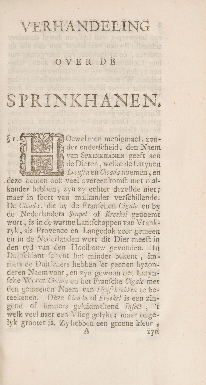 YERHANDELING OVER DE SPR § *• . deze oeiden ook veel overbenkomil met ma 1- kandcr hebben, zyn zy echter dezelfde niet; inaer in foort van malkander verfchillende. De Cicada, die by de Franfchen Ci gale en by de Nederlanders Stapel of Kreekel getioemt wort, is indewarmeLantfchappenvan Vrank- ryk, als Provence en Langedok zeer gemeen en in de Nederlanden wort dit Dier meeft in den tyd van den Hooibouw gevonden. In Duitfchlant fchynt het minder bekent, im* mers de Duitfchers hebben ?er geenen byzon» deren Naemvoör,en zyn gewoon het Latyn- fche Woort Cicada en het Franfche Ci gab met den gemeenen Naem van Hcufchrckktn te be- teekenen. Deze Cicada of Kreekel is een zin¬ kend of immers geluidmakend Infeti , ’c welk veel naer een V lieg gelykc; maer onge- ]yk grooter is. Zy hebben een groene kleur i A Oewelmen menigmael, zoh- der onderfcheid , den Naem van Sprinkeianen geefe aen de Dieren, welke de Latyneii Locafia en Cicada noemen, en