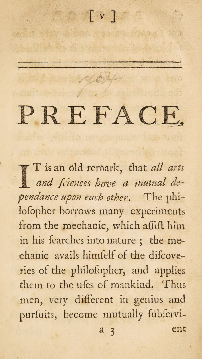 PREFACE. IT is an old remark, that all arts and fciences have a mutual de- pendance upon each other. The phi- lofopher borrows many experiments from the mechanic, which affift him in his fearches into nature ; the me¬ chanic avails himfelf of the difcove- ries of the philofopher, and applies them to the ufes of mankind. Thus men, very different in genius and purfuits, become mutually fubfervi-