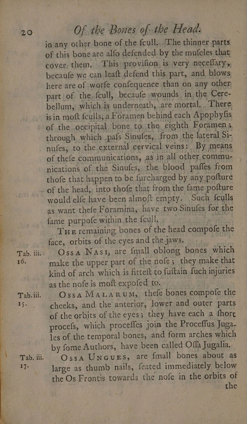 in any other bone of the fcull.. The thinner parts of this bone are alfo defended by the mufcles that cover, them, This: provifion, is very neceflary, becaufe we can leaft defend this part, and blows here are of :worfe confequence than on any other part of. the. feull, becaufe wounds in, the Cere- bellum, whichis un derneath, are mortal. ‘There is in mott fculls, a Foramen behind each Apopbyfis of the occipital. bone to, the eighth Foramens through which .pafs Sinufes, from the lateral Si- nufes; to the external cervical veins: By means of thefe communications, as in all other commu- nications of the Sinufes, the blood paffes from thofe that happen to be furcharged by any pofture 16. Tab. iil. Tab. ill. Ly: \ would elfe have been almoft empty. Such {culls as want thefe Foramina, have two Sinufes for the fame purpofe within the fcull, , ji Ce THe remaining bones of the head compofe the face, orbits of the eyes and the jaws. : Ossa Nas}, are fmall oblong bones which make the upper part of the nofe; they make that kind of arch which is fitteft co fultain fuch injuries as the nofe is moft expofed to. Ossa MaLarum,. thefe bones compofe the cheeks, and the anterior, lower and outer parts of the orbits of the eyes; they have each a fhort procefs, which proceffes join the Proceffus Juga- les of the temporal bones, and form arches which by fome Authors, have been called Offa Jugalia. Ossa Uncues, are fmall bones about as large as thumb nails, feated immediately below the Os Frontis towards the nofe in the orbits of the