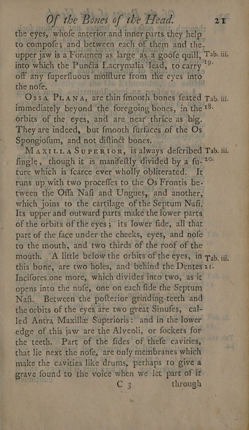 the'eyes, whofe anterior and inner parts they help. to compofe s and between each of them and the- upper Jaw is a Foramen as large’ ‘as. a goofe quill, Tab. tii. into which the Punéta Lacrymalia lead, to carry ii off any ‘fuperfluous ‘moifture from the. eyes into. the nofe. Ossa PLANA, a are thin Ppa bones feated Tab. iii. immediately beyond the foregoing bones, : in the #8: orbits of the eyes, and are near thrice as big. They are indeed, but fmooth furfaces of ag Os Spongiofum, and not diftinct bones. | MaxILLa SuPERIOR, is always deferibed Tab. iii. fingle, though it is “manifeftly divided by a fu-?° ture which Is sere bae ever wholly obliterated. Ie runs up with two proceffes to the Os Frontis be- tween the Offa Nafi and Ungues,, and another, which joins to the cartilage of the Septum Nafi. Its upper and outward parts make the lower parts of the orbits of the eyes; its lower fide, all that part of the face under the checks, eyes, and nofe to the mouth, and two thirds of the roof of the mouth. | A little below the orbits of the eyes, in pap. iii. this bone, are two holes, and behind the Dentes 21. Inciferes.one more, which divides into two, as it opens into the nofe, one on each fide the Septum Nafi. Between the pofterior erinding-teeth and the orbits of the eyes are two great Sinufes, cal- led Antra Maxillae Superioris:' and in the lower edge of this jaw are the Alveoli, or fockets for the teeth. Part of the fides of thefe cavities, that lie next the nofe, are only membranes which make the cavities like drums, perhaps to give a grave found to the voice when we Jet pare of it C 3 through