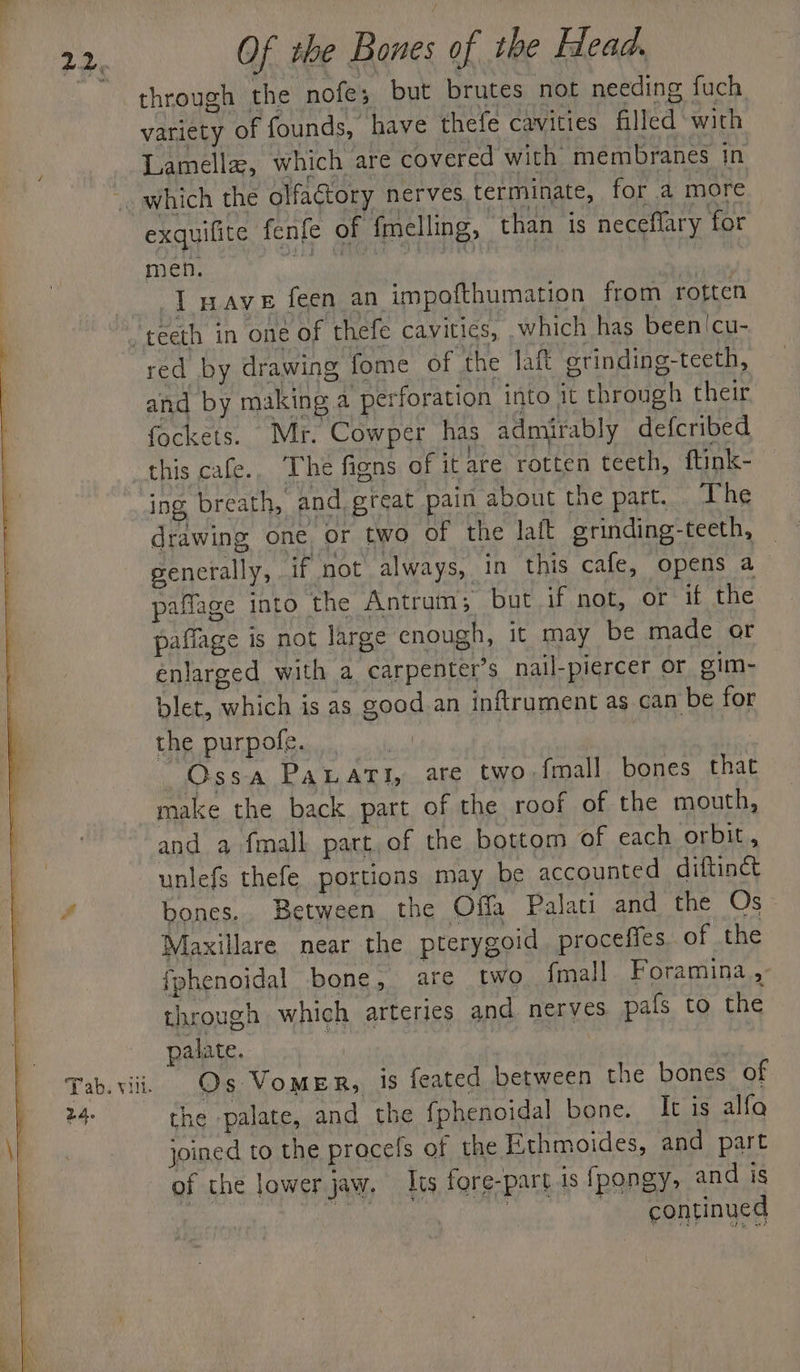 24 through the nofe; but brutes not needing fuch variety of founds, have thefe cavities filled with Lamella, which are covered with membranes in exquilite fenfe of fmelling, than ts neceflary for men. fiitca''e uci : I wave feen an impofthumation from rotten Tab. vill. 24. red by drawing fome of the laft grinding-teeth, and by making a perforation into it through their fockets. Mr. Cowper has admirably defcribed this cafe.. The figns of it are rotten teeth, ftink- ing breath, and great pain about the part... Ihe drawing one or two of the laft grinding-teeth, generally, if not always, in this cafe, opens a paflage into the Antrums; but if not, or if the paffage is not large enough, it may be made or enlarged with a carpenter’s nail-piercer or oim- blet, which is as good an inftrument as can be for the purpole. : Ossa PaLati, are two {mall bones that make the back part of the roof of the mouth, and a fmall part, of the bottom of each orbit, unlefs thefe portions may be accounted diftinct bones. Between the Offa Palati and the Os Maxillare near the pterygoid proceffes of the fphenoidal bone, are two fmall Foramina, through which arteries and nerves pafs to the palate. ! Os VomER, is feated between the bones of the palate, and the fphenoidal bone. It is alfa joined to the procefs of the Ethmoides, and part of the lower jaw. Its fore-part is {pongy, and is Ae | continued