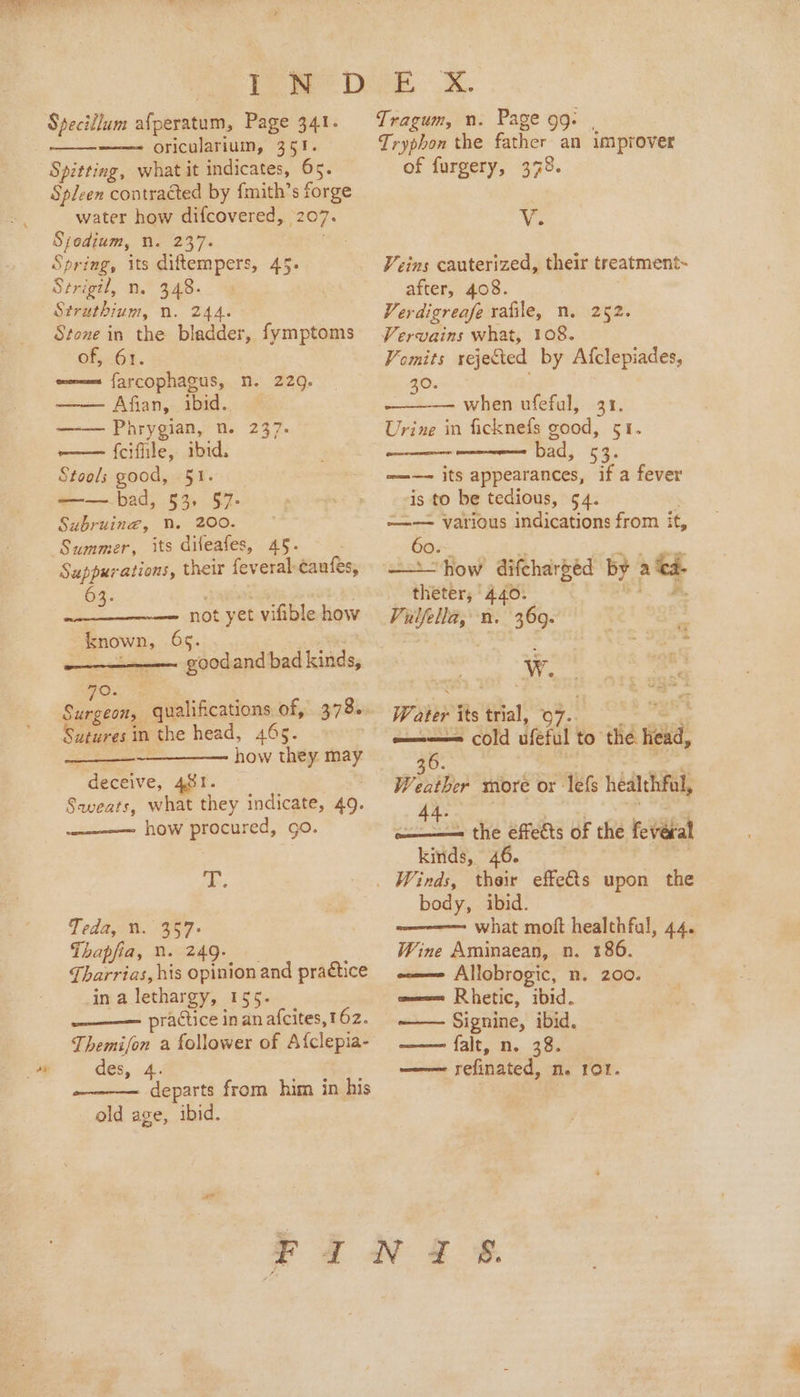 Speciilum afperatum, Page 341. oricularium, 351. Spitting, what it indicates, 65. Spleen contracted by {mith’s forge water how difcovered, 207. Sjodium, n. 237. Spring, its diftempers, 45. Strigil, n. 348. Struthium, n. 244. Stone in the bladder, fymptoms of, 61. w——= farcophagus, n. 22q. —— Afian, ibid. —— Phrygian, n. 237. — fciffile, ibid. Stools good, 51. w——-bad, 53» 57- Subruing, Nn. 200. Summer, its difeafes, 45. Suppurations, their feveral canfes, 6 ae not yet vifible how known, 65. ———-——. goodand bad kinds, Saaeas in the head, 465. how they. er “deceive, 481. 3 Sweats, what they indicate, 49. ———— how procured, go. tT. Teda, n. 357. Thapfia, nN. 249. fharrias, his opinion and practice in a lethargy, 155. practice in an afcites, 162. Themifon a follower of A{clepia- departs from him in his old age, ibid. Tragum, n. Page 9g: Tryphon the father an improver of furgery, 378. Vv. Veins cauterized, their treatment~ after, 408. Verdigreafe rafile, n. 252. Vervains what, 108. Vomits rejected by Afclepiades, 40. when ufeful, 31. Urine in ficknefs good, 51. bad, 53 —— its appearances, if a fever is to be tedious, 54. ——— various indications from it, Gerece cer “How difchargéd by ated. amet? 440. Vulfella, n. 369. Ww. Water its ‘Gal: 07) ae cold dfefal to the. ead 36. Weather more or lefs healehfal, 44. o——— the effects of the feveral kinds, 46. body, ibid. what moft healthfal, 44. Wine Aminaean, n. 186. -—— Allobrogic, n. 200. wee Rhetic, ibid. Signine, ibid. —— falt, n. 38.