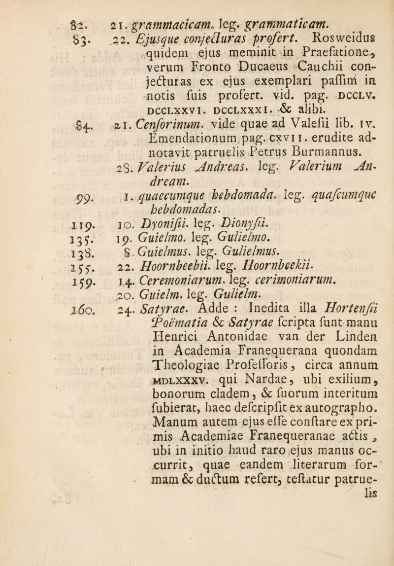 99- 11p. I3J- 138. 155-. ijp. 160. 21. grammaticam, Jeg. grammaticam. 22. Ejusque conjeduras profert. Rosweidus quidem ejus meminit -in Praefatione, verum Fronto Ducaeus Cauchii con¬ jecturas ex ejus exemplari paflini in notis fuis profert, vid. pag. dcclv. dcclxxv i. dcclxxxi. & alibi. zi. Cenforinum. vide quae ad Valefii lib. iv. Emendationum pag. cxvii. erudite ad- notavit patruelis Petrus Burmannus. 28. Valerius Andreas. leg. Valerium An- dream. 1. quaecumque hebdomada, leg. quafcumque hebdomadas. 10. Dyonifii. leg. Dionyfi. 19. Guielmo. leg. Gulielmo. S. Guiclmus. leg. Gulielmus. 22. Hoornbeebii. leg. Hoornbeekii. 14. Ceremoniarum, leg. cerimoniarum. ,20. Guielm. leg. Gulielm. 24. Satyrae. Adde : Inedita illa Hortenfii Toematia & Satyrae fcripta funt manu Henrici Antonidae van der Linden in Academia Franequerana quondam Theologiae Profelloris, circa annum mdlxxxv. qui Nardae, ubi exilium, bonorum cladem, & fuorum interitum fubierat, haec defcripfit ex autographo. Manum autem ejus eife conflare ex pri¬ mis Academiae Franequeranae adtis , ubi in initio haud raro ejus manus oc¬ currit, quae eandem .literarum -for-' • mani & duftum refert, tefiatur patrue¬ lis