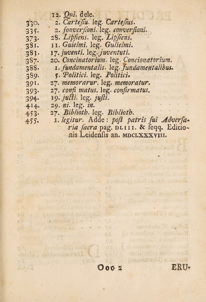 330 33 5 373 381 383 387 388 389 39i 393 394 4i4 453 45 5 12. Qui. dele. 2. Cartejiu. leg. Cartejlus. 2. fonverfioni. leg. converjioni. 28. Lipfiens. leg. Lipfiens. 11. Guielmi. leg. Gulielmi. 17. juveni i. leg. juventuti. 20. Concinatorium. leg. Concionatorium. 1. fundamentalis, leg. fundamentalibus. y. ‘Politici, leg. Politici» 27. memorarur. leg. memoratur. 27. confi matus, leg. confirmatus. 19. jutti. leg. jufti. 29. ni. leg. in. 27. Biblioth. leg. Biblioth. 1. legitur. Adde : pofl patris fui Adverfa- ria facra pag. dliii. & feqq. Editio¬ nis Leidenfis an. mdclxxxvixi.