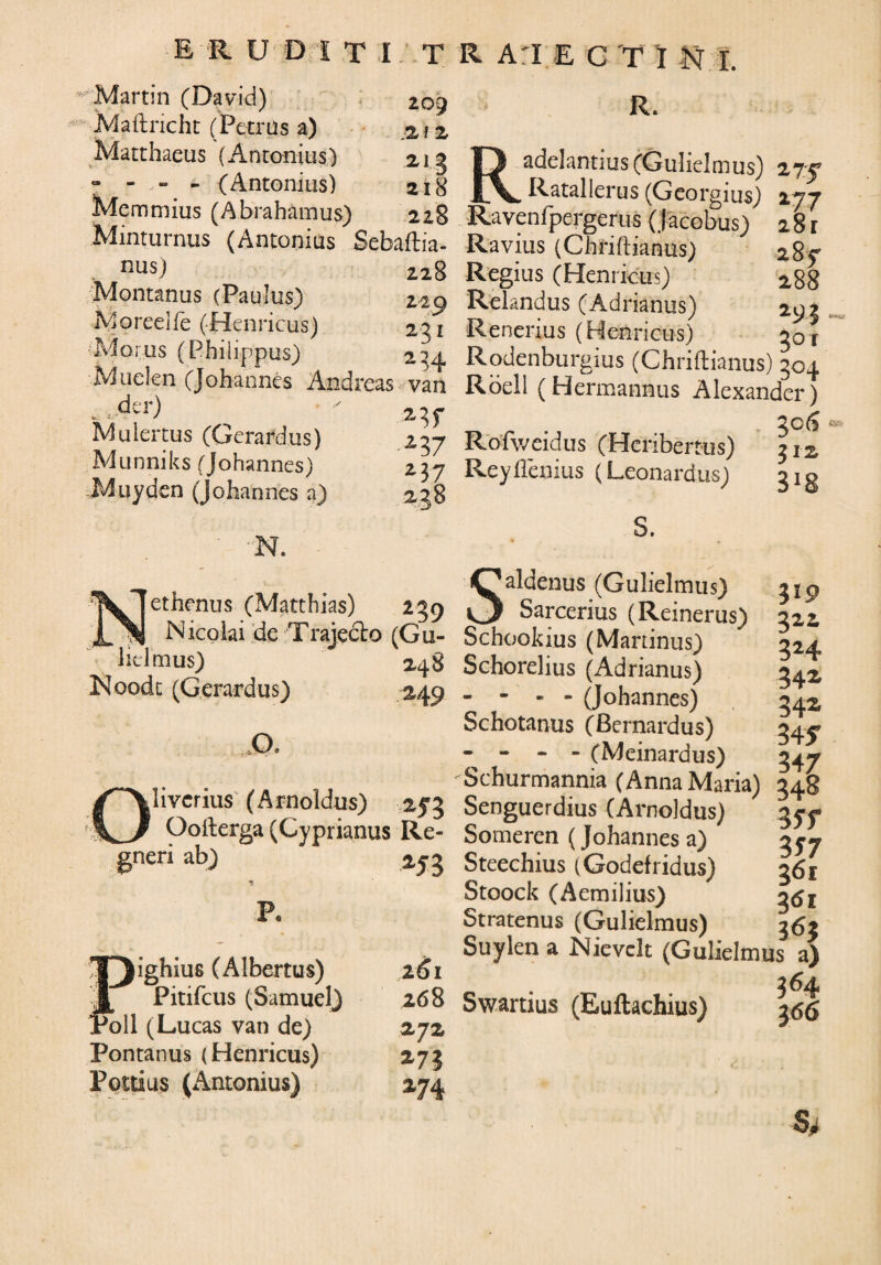 ^5? Martin (David) Maftricht (Petras a) Matthaeus (Antonius) - - - - (Antonius) Memmius (Abrahamus) Minturnas (Antonius Sebaftia- . nus) 228 Montanus (Paulus) 229 Moreelie (Henricus) 231 Morus (Philippus) 234, Muelen (Johannes Andreas van . t.4er) Mulertus (Gerardus) 237 Munniks (johannes) 237 Muydcn (Johannes a) 238 N. ethenus (Mritthias) 239 Nicolai de Trajedto (Gu- lielmus) 248 Noodt (Gerardus) 249 O, livcrius (Arnoldus) 253 Oofterga (Cyprianus Re¬ geri ab) 253 t F. lighius (Albertus) 261 Pitifcus (Samuel) 268 >011 (Lucas van de) 272 Pontanus (Henricus) 273 Pottius (Antonius) 274 287 288 293 R. adelantius (Gulielmus) 27^ ^ Ratallerus (Georgius) 277 Ravenfpergerus (jacobus) 2 8 r Ravius (Chriftianus) Regius (Henricus) Relandus (Adrianus) Renerius (Henricus) ^ t Rodenburgius (Chriftianus) 304 Rbell (Hermannus Alexander) 30(3 Rofweidus (Heribertus) 312 Reyllenius (Leonardus) gig S. aldenus (Gulielmus) jjp _ Sarcerius (Reinerus) 322 Schookius (Martinus) 324 Schorelius (Adrianus) 342 -  - - (Johannes) 542 Schotanus (Bernardus) 34^ - - . - (Meinardus) 347 Schurmannia (Anna Maria) 348 Senguerdius (Arnoldus) gyy» Someren (Johannes a) g 5-7 Steechius (Godefridus) 361 Stoock (Aemilius) gtfj Stratenus (Gulielmus) 363 Suylen a Nievclt (Gulielmus a) 364 Swartius (Euftachius) 355 Sd