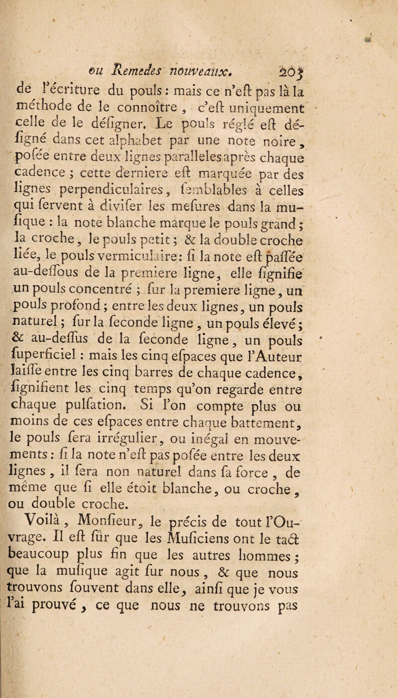 de Fécnture du pouls : mais ce n’eft pas là la méthode de le connaître , c’eft uniquement celle de le défigner. Le pouls réglé eft dé- hgné dans cet alphabet par une note noire , pofée entre deux lignes parallèles après chaque cadence ; cette derniers eft marquée par des lignes perpendiculaires, terni labiés à celles qui fervent à divifer les mefures dans 1a. mu- fique : la note blanche marque le pouls grand; la croche, le pouls petit ; & la double croche liée, le pouls vermiculaire: fi la note eft paffée au-deffous de la premiers ligne , elle fignifie un pouls concentré ; fur la première ligne, un pouls profond ; entre les deux lignes, un pouls naturel ; fur la fécondé ligne , un pouls élevé; & au-defïus de la fécondé ligne, un pouls fuperficiel : mais les cinq efpaces que l’Auteur îaiiTeentre les cinq barres de chaque cadence, fignifient les cinq temps qu’on regarde entre chaque pulfation. Si Ton compte plus ou moins de ces efpaces entre chaque battement, le pouls fera irrégulier, ou inégal en mouve¬ ments : fi la note n’eft pas pofée entre les deux lignes , il fera non naturel dans fa force , de même que fi elle étoit blanche, ou croche, ou double croche. Voila, Monfieur, le précis de tout l’Ou¬ vrage. Il eft fur que les Muficiens ont le taél beaucoup plus fin que les autres hommes ; que la mufique agit fur nous , & que nous trouvons fouvent dans elle, ainfi que je vous lai prouvé , ce que nous ne trouvons pas