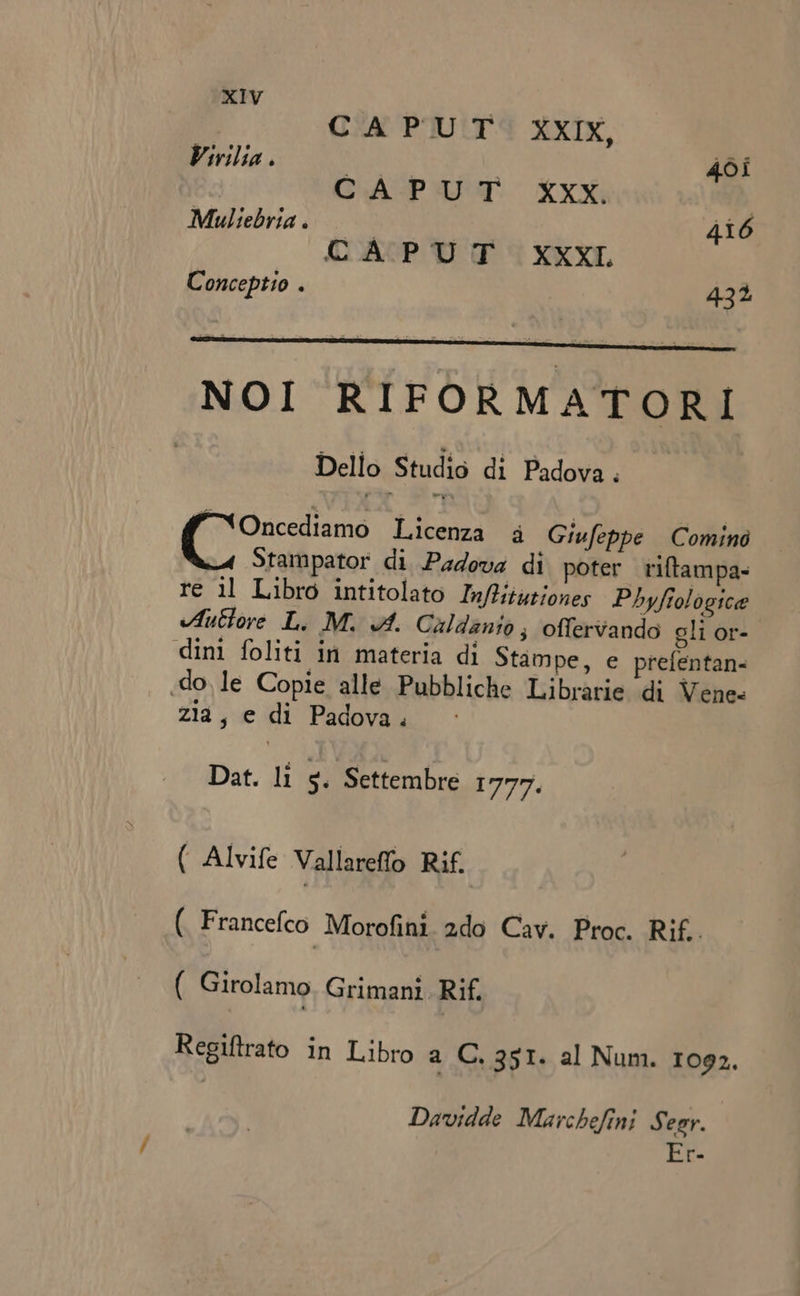 CAPUT XXIX, Virilia. | | | 4oi CAP T. XXX | Muliebria . | 416 C AÀOP UT ':XXXL Conceptio . 431 NOI RIFORMATORI | Dello Studio di Padova. (0 s Licenza à Giwfeppe Cominó Stampator di Padova di poter riftampa- re il Libro intitolato Infliiutione; Pbyfiologice vduclore L. M. 4. Caldanto , offervando gli or- dini foliti in materia di Stampe, e prefentan- .do le Copie alle Pubbliche Librarie di Vene- zia, e di Padova , Dat. li s. Settembre 1777. ( Alvife Vallareffo Rif. ( Francefco Morofini 2do Cav. Proc. Rif. ( Girolamo Grimani. Rif. Regifirato in Libro a C. 351. al Num. 1092. Davidde Marchefini Seer. Er-
