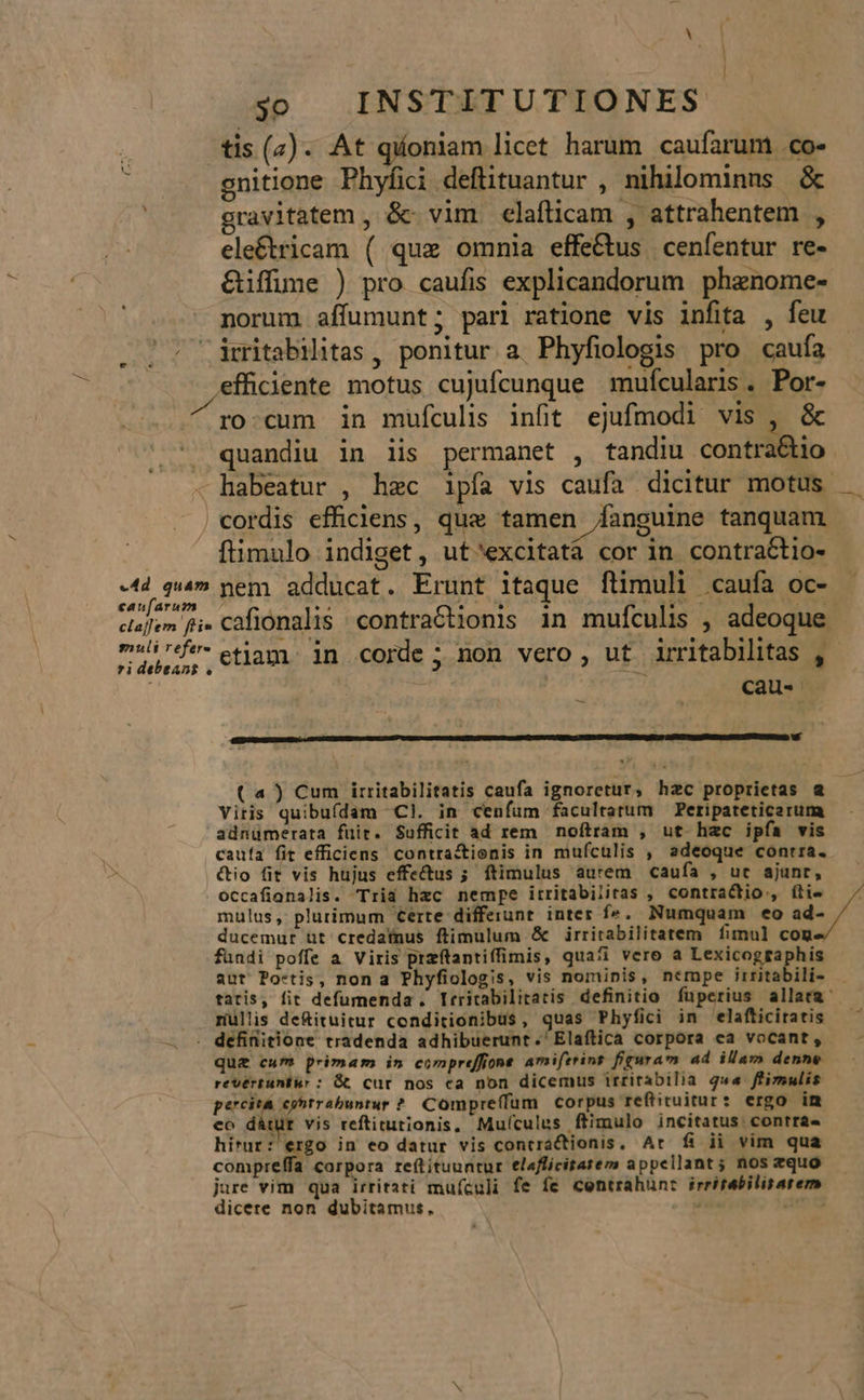 à. so INSTITUTIONES | tis (z)- At qíoniam licet harum caufarum co- ' . gnitione Phyfici deflituantur , nihilominus & gravitatem , &- vim celafticam , attrahentem , ele&tricam ( que omnia effe&us cenfentur re- &iffume ) pro caufis explicandorum phenome- norum affumunt; parl ratione vis infita , feu irritabilitas, ponitur a Phyfiologis pro caufa fficiente motus cujufcunque mufcularis. Por- ^ ro:cum in mufculis infit ejufmodi vis , & . quandiu in iis permanet , tandiu contra&io - habeatur , hec ipfa vis caufa dicitur motus , cordis efficiens, que tamen /anguine tanquam. ftimulo indiget, ut'excitatà cor in contractio- -44 qu» pem adducat. Erunt itaque flimuli caufa oc- salen. cafionalis contra&tionis in mufculis , adeoque uif'-etiam. imn corde ; non vero, ut irritabilitas ,- | cau- (4) Cum irritabilitatis caufa ignoretur, hec proprietas a Yitis quibufdam Cl. in cenfum facultatum — Peripateticarum aünumerata fuit. Sufficit ad rem noftram , ut hac ipfía vis cauía fit efficiens contra&tienis in mufículis , adeoque conrra. ctio fit vis hujus effedus ; ftimulus aurem caufa , ut ajunt, occafionalis. Tria hzc nempe itritabilitas , contractio, fti- / mulus, plurimum Certe differunt inter fe. Numquam eo d. ducemut üt credaínus flimulum & irritabilitatem fimul cog fundi poffe a Viris przftantiffimis, quai vero a Lexicographis aut Po:tis, non a Phyfiologis, vis nominis, nempe irritabili- tatis, fit defumenda . Irritabilitatis definitio fuperius allata riüllis de&ituitur conditionibus, quas Phyfici in elafticitatis . definitione tradenda adhibuerunt. Elaftica corpora ea vocant, — - quz cum primam in compreffione amifering figuram ad illam denne revértuntir: && cur nos ea non dicemus irrirabilia qua ffimulis PS vi tet Compreffum corpus reftituitur: ergo im 29-1 eo dátur vis reftitutionis, Mu(ículus ftimulo incitatus. contrae hirur: ergo in eo datur vis concractionis, Ar fi ii vim qua compreffa corpora reftituuntur elaflicitatem appellantj noszquo jare vim qua irritati muículi fe fe centrahunz irritabilitatem dicere non dubitamus, d sr r$