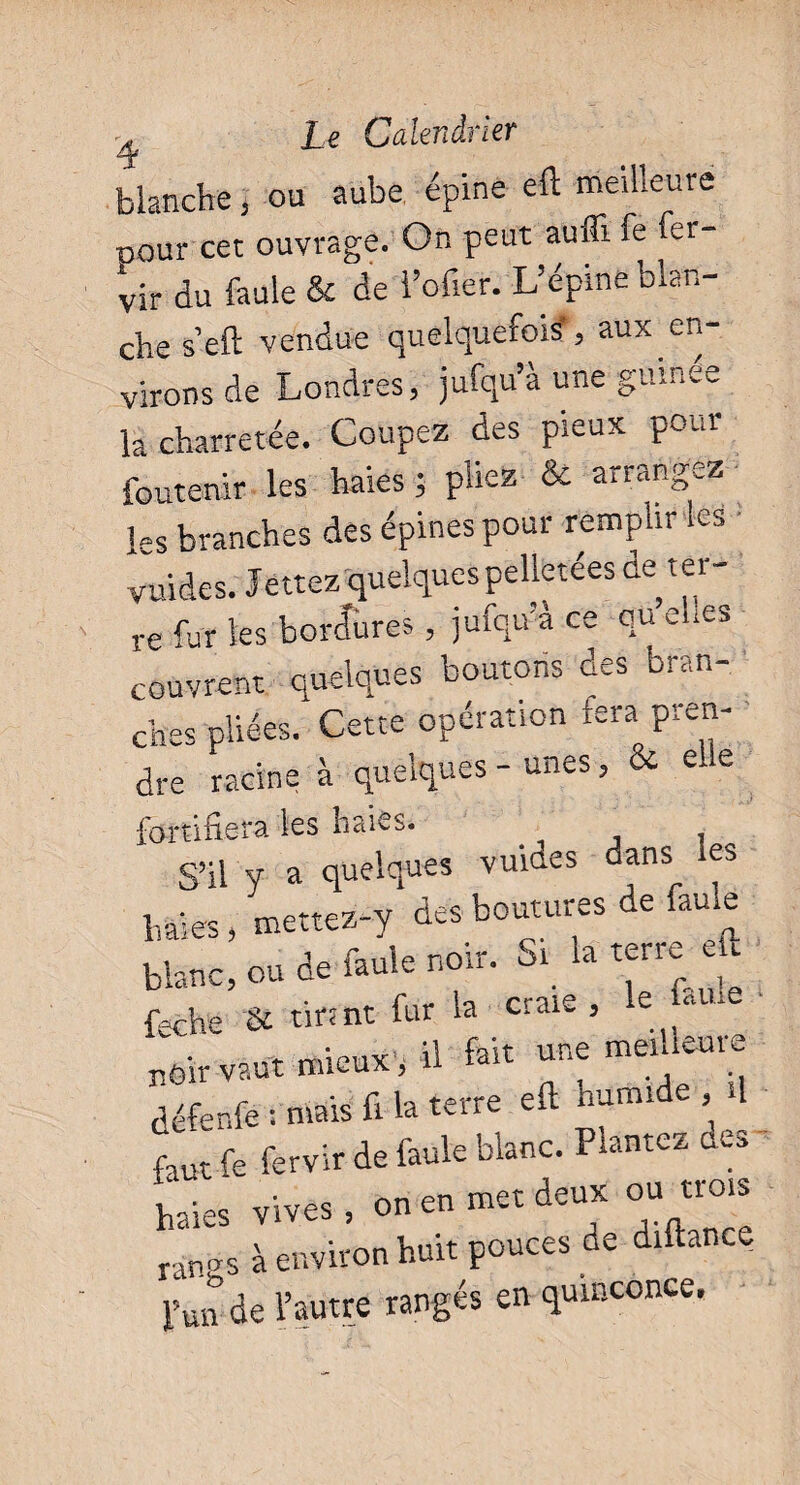 blanche, ou aube épine eft meilleure oour cec ouvrage. On peut aufli fe fer- vir du faule 8e de l’ofier. L’épine blan¬ che s’eft vendue quelquefois?, aux en¬ virons de Londres, jufqu’à une guinee la charretée. Coupez des pieux pour foutenir les haies ; pliez & arrangez les branches des épines pour remplir les vuides. Jettez quelques pelletées üe ter¬ re fut les bordures, jufqu’à ce qu elles couvrent quelques boutons des bran¬ ches pliées. Cette opération fera pren¬ dre racine à quelques - unes, 8e elle fortifiera les haies. S’il y a quelques vuiaes dans les haies, mettez-y des boutures de faule bl.nc, o» de-fuie noir. Si la «jm feche & tifmt fur la crai. , n6ir vaut mieux, il fait une meilleure défenfe ; niais fi la terre eft humide , U faut fe fervir de faule blanc. Plantez ac» haies vives, on en met deux ou trois rangs à environ huit pouces de diftancc l’un de l’autre rangés en quinconce.