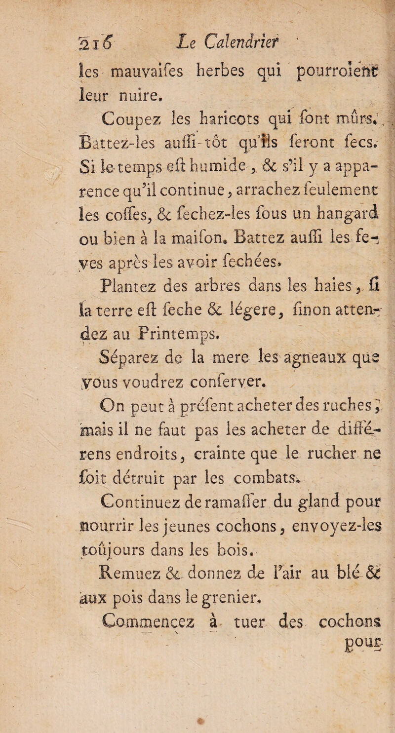les mauvaifes herbes qui pourrolëftt leur nuire. Coupez les haricots qui font mûrs,. Bat.tez-les aufli-tôt qu’fis feront fees. Si le-temps e-ft humide & s’il y a appa¬ rence qu’il continue, arrachez feulement les colfesj & fechez-Ies fous un hangard ou bien à la maifon. Battez aulli les fe- yes après les avoir fechées* Plantez des arbres dans les haies , fi la terre eil feche & légers > linon atten¬ dez au Printemps. Séparez de la mere les agneaux que vous voudrez conferver. On peut à préfent acheter des ruches, mais il ne faut pas les acheter de ditTé~ rens endroits, crainte que le rucher ne foit détruit par les combats. Continuez deramaOer du gland pour nourrir les jeunes cochons, envoyez-les toujours dans les bois. Remuez & donnez de Fair au blé & aux pois dans le grenier. Commencez à tuer des cochons pour