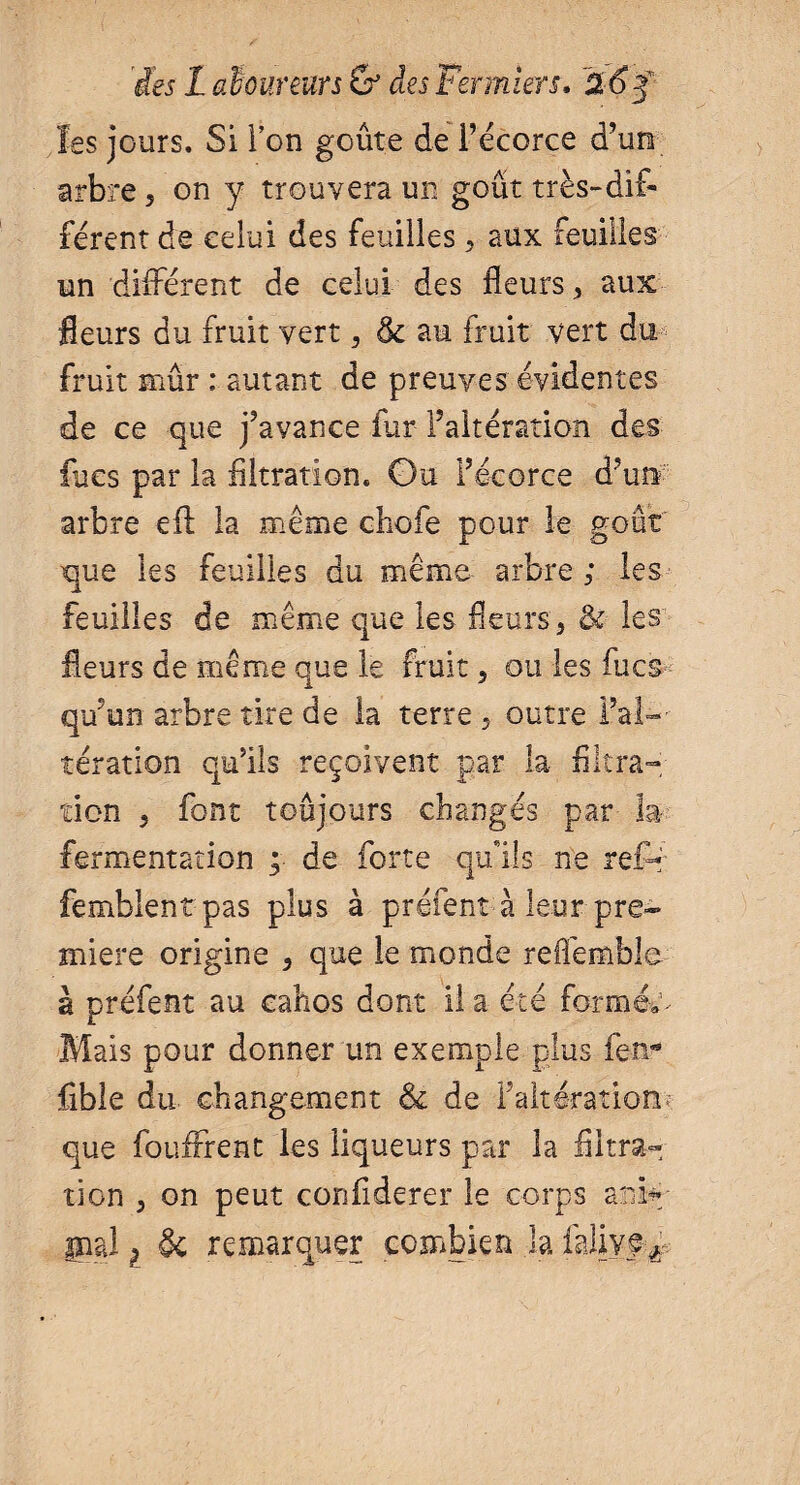 les jours. Si l’on goûte de l’écorce d’un arbre , on y trouvera un goût très-dif¬ férent de celui des feuilles , aux feuilles un différent de celui des fleurs , aux fleurs du fruit vert, & au fruit vert du fruit mûr : autant de preuves évidentes de ce que j’avance fur l’altération des fîtes par la filtration. Gu l’écorce d’un arbre efl: la même chofe pour le goût que les feuilles du même arbre; les feuilles de même que les fleurs, & les fleurs de même que le fruit, ou les fucs qu’un arbre tire de la terre , outre Fal— tération qu’ils reçoivent par la filtra¬ tion , font toujours changés par la fermentation ; de forte qu'ils ne refd femblentpas plus à préfent à leur pre¬ miere origine , que le monde reflèmble à préfent au eahos dont il a été formé,’- Mais pour donner un exemple plus fen*9 fibîe du changement & de Fait oration que fouffrent les liqueurs par la filtra¬ tion , on peut confiderer le corps ani*- mû t & remarquer combien la ialivf