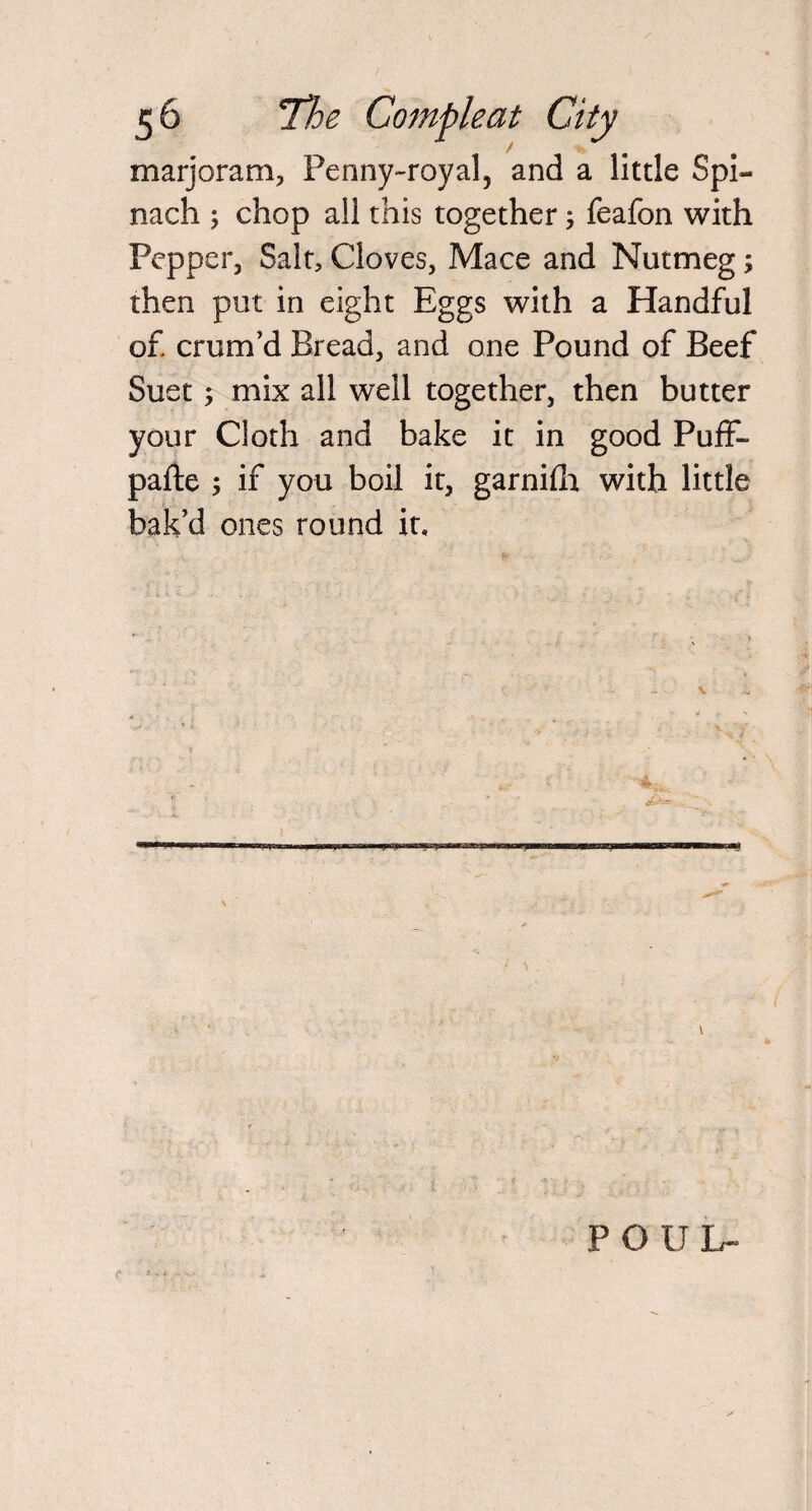 marjoram, Penny-royal, and a little Spi¬ nach ; chop all this together; feafon with Pepper, Salt, Cloves, Mace and Nutmeg; then put in eight Eggs with a Handful of. crum’d Bread, and one Pound of Beef Suet; mix all well together, then butter your Cloth and bake it in good Puff- pafte , if you boil it, garnifh with little bak’d ones round it. '4. \ P O U L-