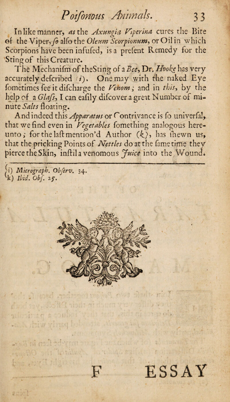 In like manner, ^Jthe Axmgia Viperina cures the Bite of the Viper, fo alfo the Oleum Scorpionum, or Oil in which Scorpions have been infufed, is a prefent Remedy for the Sting of this Creature. The Mechanifm of theSting of a Bci, Dr. Hvoke has very accurately described >/). One may with the naked Eye fometimes fee it difcharge the Venom; and in this, by the help of a Glafs, I can eafily difcover a great Number of mi* nute Salts floating. And indeed this Apparatus or C ontrivance is fo uni verbal, that we find even in Vegetables fomething analogous here¬ unto; for the laft mention’d Author (k.N has fhewn us, that the pricking Points of Nettles do at the fame time they pierce the Skin, inflil a venomous Juici into the Wound* F ESSAY