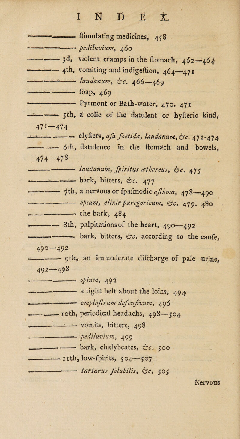 ——- Simulating medicines, 458 — -— pediluvium, 460 -—- violent cramps in the ftomach, 462—464 -4th, vomiting and indigeftion, 464—471 --—- laudanum, tec. 466—469 — -— foap, 469 -— Pyrmont or Bath-water, 470. 471 —- — 5th, a colic of the flatulent or hyfteric kind, 471—474 i---— clyftefs, afa foetida, laudanum, <bc, 472-474 -6th, flatulence in the ftomach and bowels, 474—478 -- laudanum, fpiritas athereus, tec. 475 --—-— bark, bitters, tec. 477 — -- 7th, a nervous or fpafmodic ajlhma, 478—490 -opium, elixirparegoricum, tec. 479,, 480 — — the bark, 484 -- 8th, palpitations of the heart, 490-—492 —bark, bitters, tec, according to the caufe, 490—492 --- 9th* an immoderate difeharge of pale urine, 492—498 —— -—— opium, 492 --—- a tight belt about the loins, 494, ——-—— emplaftrum defe?ifivum, 496 —- 10th, periodical headachs, 498—504 -——-—— vomits, bitters, 498 — --pediluvium, 499 __—-- bark, ebalybeates, tec. 500 -— nth, low-fpirits, 504—507 — -tartar us folubilis, tec, 505