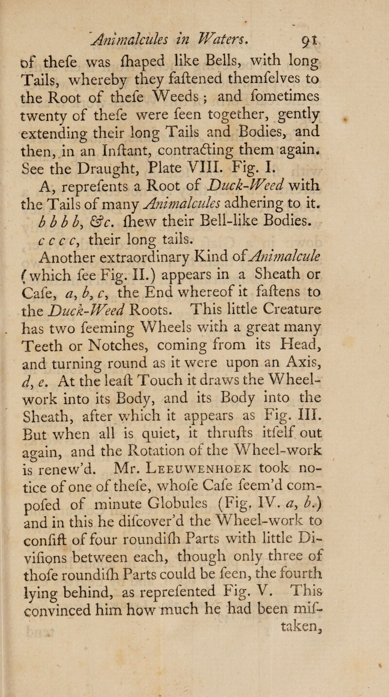 of thefe was fhaped like Bells, with long Tails, whereby they faftened themfelves to the Root of thefe Weeds ; and fometimes twenty of thefe were feen together, gently extending their long Tails and Bodies, and then, in an Inflant, contrafting them again. See the Draught, Plate VIII. Fig. I. A, reprefents a Root of Duck-Weed with the Tails of many Animalades adhering to it. b b b h, &c, fhew their Bell-like Bodies. c c c c, their long tails. Another extraordinary Kind o^. Animalcule (which fee Fig. II.) appears in a Sheath or Cafe, b, r, the End whereof it fattens to the Duck-Weed Roots. This little Creature has two feeming Wheels with a great many Teeth or Notches, coming from its Head, and turning round as it were upon an Axis, d, e. At the leatt Touch it draws the Wheel- work into its Body, and its Body into the Sheath, after which it appears as Fig. III. But when all is quiet, it thrutts itfelf out ao-ain, and the Rotation of the Wheel-work is renew’d. Mr. Leeuwenhoek took no¬ tice of one of thefe, whofe Cafe feem’d com- pofed of minute Globules (Fig. IV. b,) and in this he difcover’d the Wheel-work to confift of four roundilh Parts with little Di- vifions between each, though only three of thofe roundifli Parts could be feen, the fourth lying behind, as reprefented Fig. V. This convinced him how much he had been mif- taken^