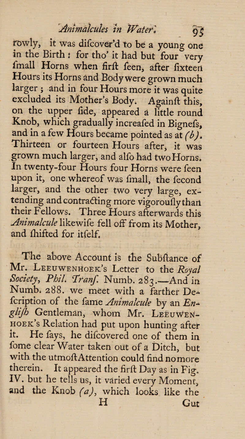fDwly, it was difcover’d to be a young one in the Birth t for tho’ it had but four very fmall Horns when firft feen, after fixteeri Hours its Horns and Body were grown much larger ; and in four Hours more it was quite excluded its Mother's Body. Againft this, on the upper fide, appeared a little round Knob, which gradually increafed in Bignefs, and in a few Hours became pointed as at Js Thirteen or fourteen Hours after, it was grown much larger, and alfo had two Horns* In twenty-four Hours four Horns were feen upon it, one whereof was fmall, the fecond larger, and the other two very large, ex¬ tending and con trailing more vigorouflythan their Fellows, Three Hours afterwards this Animalcule likewife fell off from its Mother, and fliifted for itfelf* The above Account is the Subfiance of Mr. Leeuwenhoek's Letter to the Royal Society^ Phtl. Tranf, Numb. 283.—And in Numbi 288. we meet with a farther De-^ fcriptlon of the fame Animalcule by an glijh Gentleman, whom Mr. Leeuwen¬ hoek's Relation had put upon hunting after it. He fays, he difcovered one of them in fome clear Water taken oiit of a Ditch, but with the utmofi: Attention could find no more therein. It appeared the firfl: Day as in Fig. IV. but he tells its, it varied every Moment, and the Knob (a)^ which looks like the H Gut