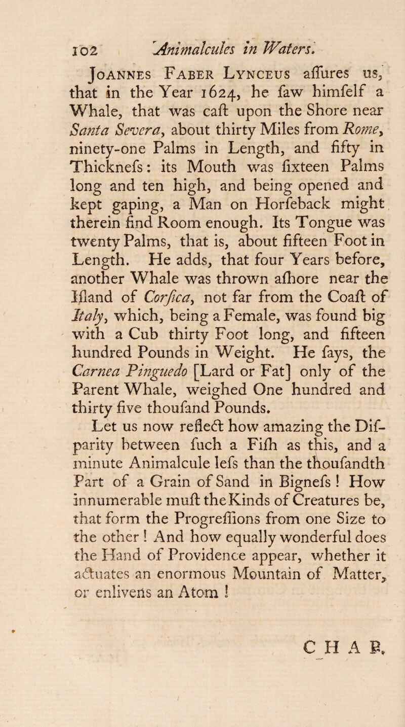 Joannes Faber Lynceus affbres us^ that in the Year 1624, he faw himfelf a Whale, that was caft upon the Shore near Santa Severa, about thirty Miles from Rome^ ninety-one Palms in Length, and fifty in Thicknefs: its Mouth was lixteen Palms long and ten high, and being opened and kept gaping, a Man on Horfeback might, therein hnd Room enough. Its Tongue was twenty Palms, that is, about fifteen Foot in Length. He adds, that four Years before, another Whale was thrown afhore near the Ifland of Corfica^ not far from the Coafl: of Italy^ which, being a Female, was found big with a Cub thirty Foot long, and fifteen hundred Pounds in Weight. He fays, the Carnea Pmguedo [Lard or Fat] only of the Parent Whale, weighed One hundred and thirty five thoufand Pounds. Let us now refleft how amazing the Dif- parity between fuch a Fifh as this, and a minute Animalcule lefs than the thoufandth Part of a Grain of Sand in Bignefs ! How innumerable muft the Kinds of Creatures be, that form the Progreffions from one Size to the other ! And how equally wonderful does the Hand of Providence appear, whether it aduates an enormous Mountain of Matter,, or enlivens an Atom ! C H A F.