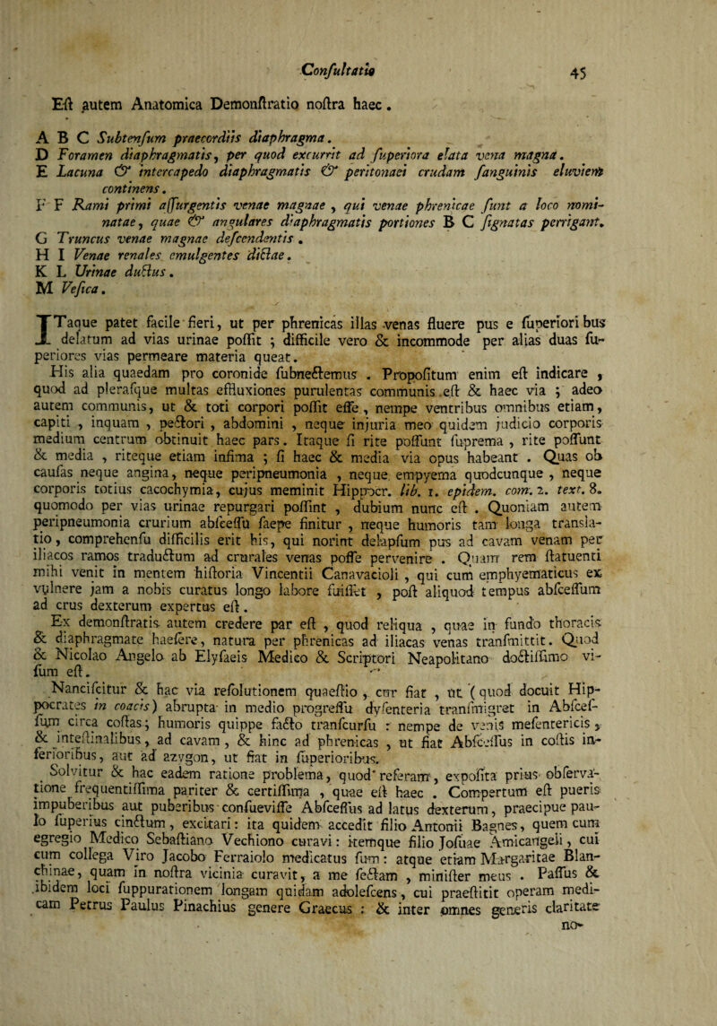 Eft autem Anatomica Demonflratio noftra haec. > 0 ABC Subtenfum praecordiis diaphragma. D Foramen diaphragmatis, per quod excurrit ad fuperiora elata vota magna. E Lacuna & intercapedo diaphragmatis & peritonaei crudam [anguinis eluviem continens. F F Kami primi a ([urgentis venae magnae , qui venae phrenicae funt a loco nomi¬ natae , quae & angulares diaphragmatis portiones B C fegnatas porrigant* G Truncus venae magnae de/cendemtis . H I Venae renales emulgentes ditiae. K L Urinae dutlus. M Ve fica. t ■ t. ITaque patet facile fieri, ut per phrenicas illas -venas fluere pus e fuperioribus de fatum ad vias urinae pofFit ; difficile vero & incommode per alias duas fu- periores vias permeare materia queat. His alia quaedam pro coronide fubne&emus . Propofitum enim eft indicare , quod ad plerafque multas effluxiones purulentas communis ,e,ft & haec via ; adeo autem communis, ut & toti corpori poffit effle , nempe ventribus omnibus etiam, capiti , inquam , pe&ori , abdomini , neque injuria meo quidem judicio corporis medium centrum obtinuit haec pars. Itaque fi rite poffunt fuprema , rite pofflunt & media , riteque etiam infima ; fi haec & media via opus habeant . Quas of> caufas neque angina, neque peripneumonia , neque, empyema quodcunque , neque corporis totius cacochymia, cujus meminit Hippocr. lib. i. epiaem. com.i. text. 8, quomodo per vias urinae repurgari poffint , dubium nunc cft . Quoniam autem peripneumonia crurium abfeeffu faepe finitur , neque humoris tam longa transla¬ tio, comprehenfu difficilis erit his, qui norint dehpfum pus ad cavam venam per iliacos ramos traducum ad crurales venas poffe pervenire . Quam rem flatuenti mihi venit in mentem hifloria Vincentii Canavacioli , qui cum emphyematicus ex vulnere jam a nobis curatus longo labore fui ile t , pofl aliquod: tempus abfceffum ad crus dexterum expertus eft. Ex denaonftratis- autem credere par eft , quod reliqua , quae in fundo thoracis & diaphragmate haefere, natura per phrenicas ad iliacas venas tranfmittit. Quod & Nicolao Angelo ab Elyfaeis Medico & Scriptori Neapolitano do&iffimo vi- fum efL • ^ Nancifcitur & hac via refolutionem quaefflo , cur f at , ut (quod docuit Hip¬ pocrates in coacts) abrupta- in medio progreffu dyfenteria tranfrrrigret in Abfcef- lum circa cqflasy humoris quippe fa&o tranfcurfu : nempe de venis mefentericis 5 & jntefliaalihus > ad cavam, & hinc ad phrenicas , ut fiat Abfcefflus in coftis in¬ ferioribus, aut ad azygon, ut fiat in fuperioribus. . Solvitur & hac eadem ratione problema, quod* referam, expofita prius- obferva- tione frequentiffima pariter & certiffima , quae efi haec . Compertum eft pueris impuberibus aut puberibus confueviffe Abfcefflus ad latus dexterum, praecipue pau¬ lo fuperius cin&um, excitari: ita quidem accedit filio Antonii Bagnes, querneum egregio Medico Sebaftiano Vechiono curavi: i-temque filio Joiiiae Amicangeii, cui cum collega Viro Jacobo Ferraiolo medicatus fum: atque etiam Margaritae Blan- ^Uam in no^ra v^cinia curavit, a me fe&am , minifter meus . Pafflus & .ibidem loci fuppurationem longam quidam adolefcens, cui praeflitit operam medi¬ cam Petrus Paulus Pinachius genere Graecus : & inter <omnes generis claritate' no-