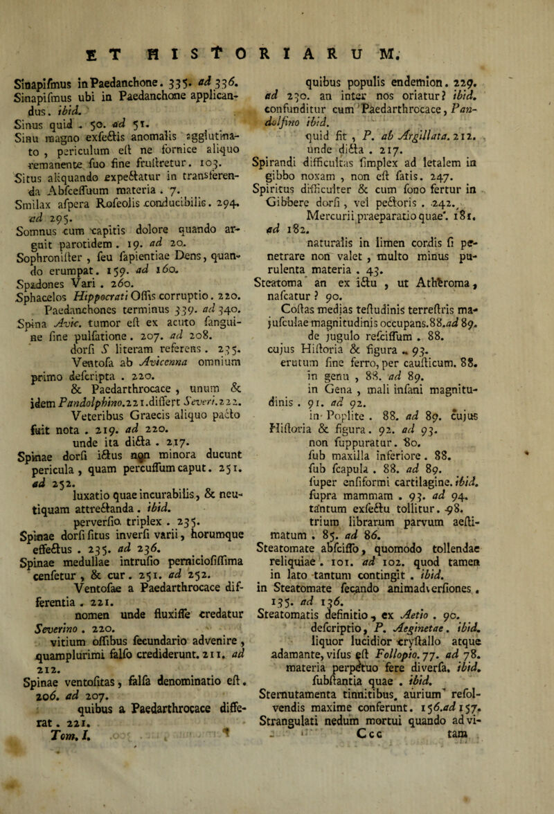 Sinapifmus in Paedanchone. 335. ad 3 3 6. Sinapifmus ubi in Paedanchone applican¬ dus. s Sinus quii - 5°* ^ 5T* Sinu magno exfe£Hs anomalis sggiutlna- to , periculum eft ne fornice aliquo remanente fuo fine fruftretur. 103. Situs aliquando expe&atur in trans feren¬ da Abfcefluum materia . 7. Smilax afpera Rofeolis .conducibilis. 294, ad 295. Somnus cum xapltis dolore quando ar¬ guit parotidem . 1 y. ad 20. Sophronifter , feu fapientiae Dens, quan¬ do erumpat. 159. ad 160. Spadones Vari . 260. Sphacelos Hippocrati Offis corruptio. 220. Paedanchones terminus 3 39. ad 340. Spina Avk. tumor eft ex acuto fangui- ne fine pulfatione. 207. ad 208. dorfi S literam referens. 235. Ventofa ab Aviccnna omnium primo deferipta . 220. & Paedarthrocace , unum & idemPandolphino.22i.diftert Severi.222. Veteribus Graecis aliquo pacto fuit nota . 219. ad 220. unde ita di£la . 217. Spkiae dorfi i&us nqn minora ducunt pericula, quam percuflumcaput. 251. ad 252. luxatio quae incurabilis, & neu- tiquam attrectanda. ibtd. perverfio, triplex . 235. Spinae dorfi fitus inverfi varii, horumque eflfeCtus . 235. ad 236. Spinae medullae intrufio perniciofififima cenfetur , & cur. 251. ad 252. Ventofae a Paedarthrocace dif¬ ferentia ,221. nomen unde fluxi fle credatur Severino . 220. vitium oflibus feeundario advenire , quamplurimi falfo crediderunt. 211. ad 212. Spinae ventofitas, falfa denominatio efl ♦ 206. ad 207. quibus a Paedarthrocace diffe¬ rat . 221. Tom, /• x) 4 ^ quibus populis endemlon. 229. ad 230. an inter nos oriatur? ibtd» confunditur cum 'Paedarthrocace, Pan- dolfi?io ibid. quid fit , P. ab Argili at a. 212. unde di£la . 217. Spirandi difficultas fimplex ad letalem in gibbo noxam , non eft fatis. 247. Spiritus difficulter & cum fono fertur in Gibbere dorfi , vel pecoris . .242^- Mercurii praeparatio quae*. 181. ad 182. naturalis in limen cordis fi pe¬ netrare non valet , multo minus pu¬ rulenta materia , 43. Steatoma an ex i&u , ut Atheroma, nafcatur ? 90. Coftas medias teftudinis terreflris ma- jufculae magnitudinis occupans.8S.ad 89. de jugulo refciflum . 88. cujus Hiftoria & figura .. 93. erutum fine ferro, per caufticum. 88. in genu , 88. ad 89. in Gena , mali infani magnitu¬ dinis . 91. ad 92. in* Poplite . 88. ad 89. cujus Hiftoria & figura. 92. ad 93. non fuppuratur. 80. fub maxilla inferiore. 88. fub fcapula . 88. ad 89. fuper enfiformi cartilagine, ibtd. fupra mammam . 93. ad 94. tantum exfe&u tollitur. -98. trium librarum parvum aefti- matum • 85. ad 86. Steatomate abfciflo , quomodo tollendae reliquiae . 101. ad 102. quod tamen in lato -tantum contingit . ibid. in Steatomate fecando animadverfiones, 135. ad 136. Steatomatis definitio , ex Aetio . 90. defcriptio, P. Aeginetae. ibid. liquor lucidior cryftallo atque adamante, vifus eft Follopio.y7. ad 78. materia perpdtuo fere diverfa. ibid. fubftantia quae . ibid. Sternutamenta tinnitibus, aurium refol- vendis maxime conferunt. i$6.adi5j. Strangulati nedum mortui quando advi- *:  C c c tam