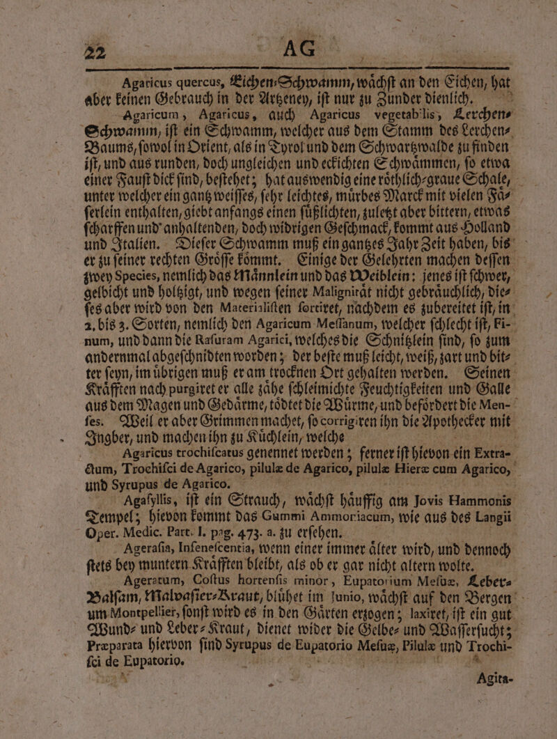 ER... Agaticus quercus, Eichen- Schwamm, wächft an den Eichen, hat aber keinen Gebrauch in der Artzeney, iſt nur zu Zunder dienlich. Agaricum, Agaricus, auch Agaricus vegetab'lis, Lerchen⸗ Schwamm, iſt ein Schwamm, welcher aus dem Stamm des Lerchen⸗ Baums, ſowol in Orient, als in Tyrol und dem Schwartzwalde zu finden iſt, und aus runden, doch ungleichen und eckichten Schwaͤmmen, ſo etwa einer Fauſt dick ſind, beſtehet; hat auswendig eine roͤthlich⸗graue Schale, unter welcher ein gantz weiſſes, ſehr leichtes, muͤrbes Marck mit vielen Faͤ⸗ ſerlein enthalten, giebt anfangs einen ſuͤßlichten, zuletzt aber bittern, etwas ſcharffen und anhaltenden, doch widrigen Geſchmack, kommt aus Holland und Italien. Dieſer Schwamm muß ein gantzes Jahr Zeit haben, bis er zu feiner rechten Groͤſſe koͤmmt. Einige der Gelehrten machen deſſen zwey Species, nemlich das Maͤnnlein und das Weiblein: jenes iſt ſchwer, gelbicht und holtzigt, und wegen feiner Malignitaͤt nicht gebräuchlich, dies ſes aber wird von den Materinliſten ſortiret, nachdem es zubereitet iſt, in 2. bis 3. Sorten, nemlich den Agaricum Meflanum, welcher ſchlecht iſt, ki num, und dann die Rafuram Agarici, welches die Schnitzlein find, fo zum andernmal abgeſchnidten worden; der beſte muß leicht, weiß, zart und bit⸗ ter ſeyn, im uͤbrigen muß er am trocknen Ort gehalten werden. Seinen Kräfften nach purgiret er alle zaͤhe ſchleimichte Feuchtigkeiten und Galle aus dem Magen und Gedaͤrme, toͤdtet die Wuͤrme, und befoͤrdert die Men-  ſes. Weil er aber Grimmen machet, ſo corrigiren ihn die Apothecker mit Ingber, und machen ihn zu Kuͤchlein, welche „„ | Agaricus trochiſcatus genennet werden; ferner iſt hievon ein Extra- Aum, Trochiſci de Agarico, pilulæ de Agarico, pilulæ Hieræ cum Agarico, 4. er und Syrupus de Agaricc. 45 | Agafyllis, iſt ein Strauch, waͤchſt hauffig am Jovis Hammonis Tempel; hievon kommt das Gummi Ammoriacum, wie aus des Langii Oper. Medic. Part. I. pag. 473. a. zu erſehen. | Agerafia, Infenefcentia, wenn einer immer älter wird, und dennoch ſtets bey muntern Kraͤfften bleibt, als ob er gar nicht altern wolte. Ageratum, Coſtus hortenſis minor, Eupatorium Meſuæ, Leber⸗ Balſam, Malvaſier⸗Braut, bluͤhet im junio, waͤchſt auf den Bergen um Montpellier, ſonſt wird es in den Gärten erzogen? laxitet, ft ein gut Wund⸗ und Leber⸗Kraut, dienet wider die Gelber und Waſſerſucht; Preparata hiervon find Syrupus de Eupatorio Meſuæ, Pilale und Trochi- ſci de Eupatorio. u 75 . N g 2 11 4 2 N . Agita-