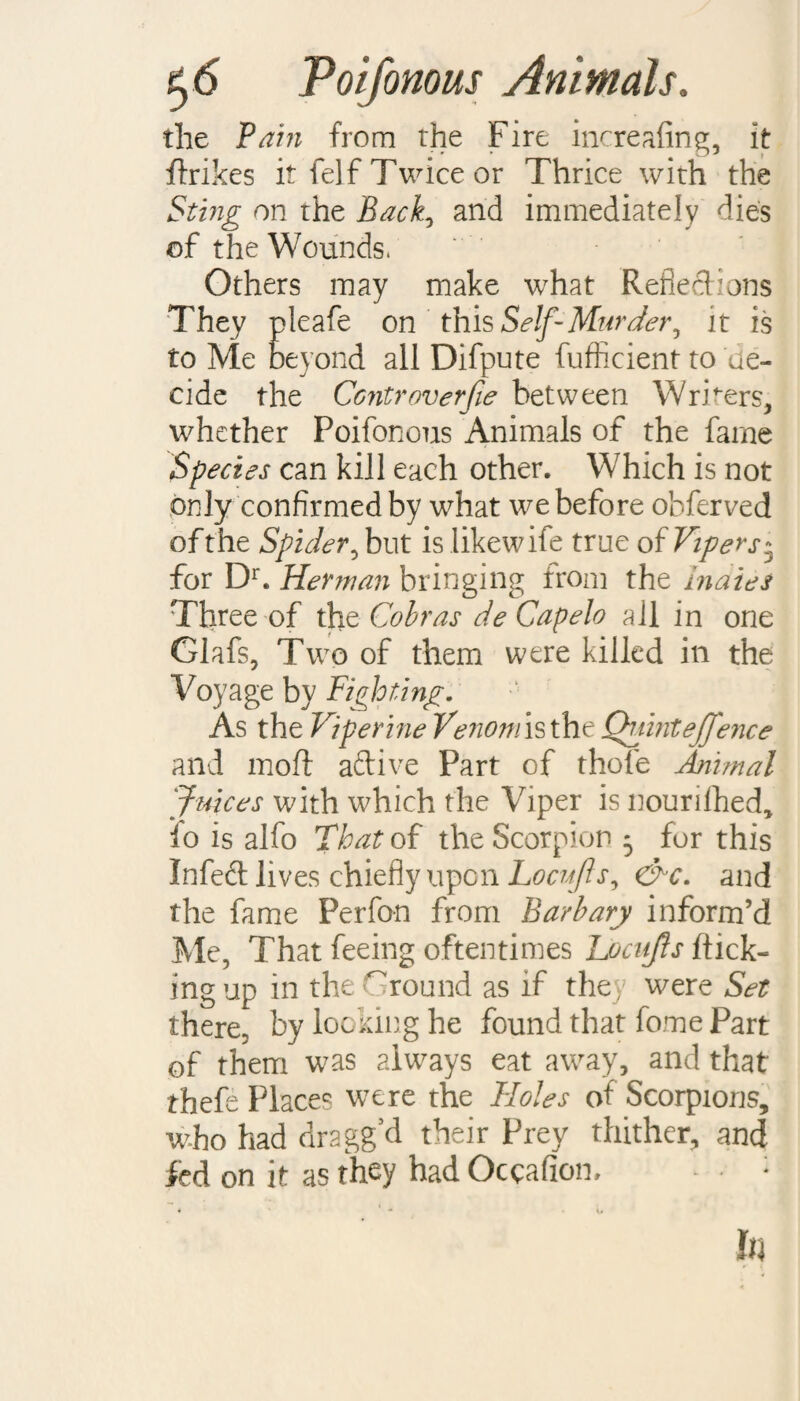 the Pain from the Fire increafing, it ftrikes it felf Twice or Thrice with the Sting on the Back, and immediately dies of the Wounds. Others may make what Reflections They pleafe on this Self-Murder, it is to Me beyond all Difpute fufficient to de- cide the Ccntroverfie between Writers, whether Poifonous Animals of the fame Species can kill each other. Which is not only confirmed by what we before obferved of the Spider, but is Iikewife true of Vipers * for Dr. Herman bringing from the Indies Three of thq Cobras de Capelo all in one Glafs, Two of them were killed in the Voyage by Fighting. As the Viperine Venom is the Quintejfence and mold aftive Part of thole Animal Juices with which the Viper is nourifhed, io is alfo That of the Scorpion 5 for this Infeft lives chiefly upon Locujls, <&c. and the fame Perfon from Barb ary inform’d Me, That feeing oftentimes Locujls flick¬ ing up in the Ground as if the were Set there, by looking he found that fome Part of them was always eat away, and that thefe Places were the Holes of Scorpions, who had dragg’d their Prey thither, and fed on it as they had Occafion. :