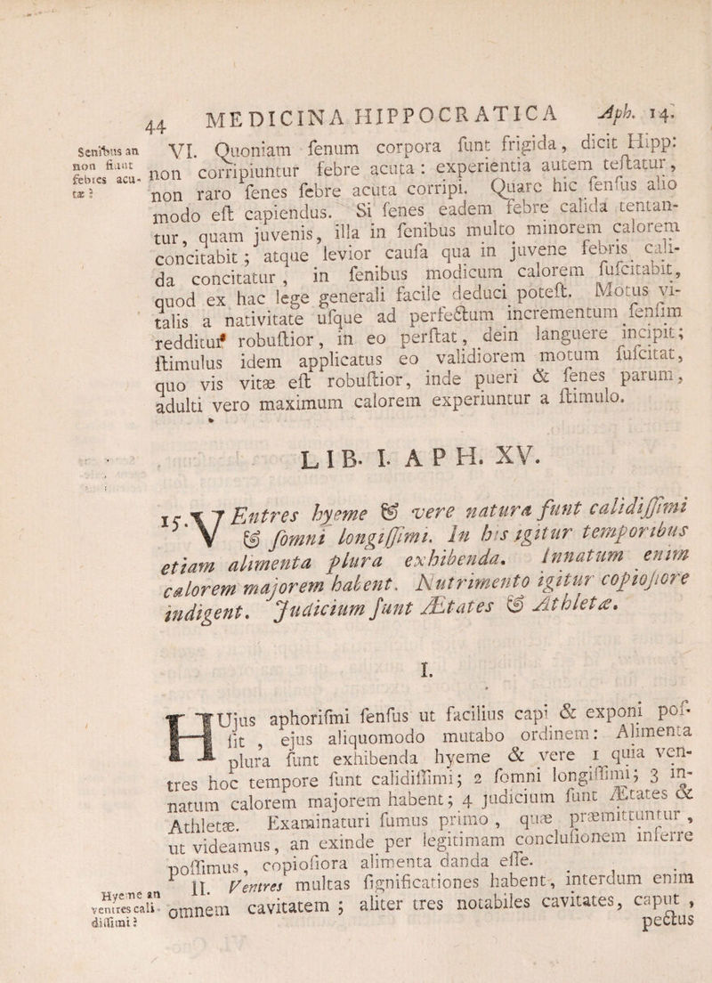 t Senibus an non fiant febres acu¬ tae 5 44 MEDICINA HIPPOCRATICA Apb. ifi VI. Quoniam fenum corpora funt frigida, dicit Hipp: non corripiuntur febre acuta : experientia autem teltatur, non raro fenes febre acuta corripi. Quare hic femus ano modo eft capiendas. Si fenes eadem febre cauda tentam tur, quam juvenis, illa in fenibus multo minorem calorem concitabit; atque levior caufa qua m juvene febris cau¬ da concitatur, in fenibus modicum calorem fufcitaoit, quod ex hac lege generali facile deduci poteft. Motus vi¬ talis a nativitate ufque ad perfettum incrementum fenlim redditui* robuftior, in eo perftat, dein languere mf-jptD ftimulus idem applicatus eo validiorem motum lulcitat, quo vis vitas eft robuftior, inde pueri fenes^ parum, adulti vero maximum calorem experiuntur a ltimulo. * LIB. i. a p H. XV. .. % 7 Entres hyeme & vere natura funt calidijfmi V & fomni longiffimi. In his igitur temporibus etiam alimenta plura exhibenda. innatum enim calorem majorem halent. Nutrimento igitur copiojicre indigent. Judicium funt /litates & Athleta. H' i. * JUius aphorifmi fenfus ut facilius cap1 & exponi pen* fit , ejus aliquomodo mutabo ordinem: Alimenta plura funt exhibenda hyeme & vere i quia ven¬ tres hoc tempore funt calidiffimi; 2 fomni longiflhui; 3 m- natum calorem majorem habent; 4 judicium funt /Etates cz Athletae. Examinaturi fumus primo , quae prtuiiuttuntui , ut videamus, an exinde per legitimam conclufionem inferre poftimus copiofiora alimenta danda elle. _ ■ 1 II Ventres multas fignificationes habent, interdum enim venfS omnem cavitatem ; aliter tres notabiles cavitates, caput ,
