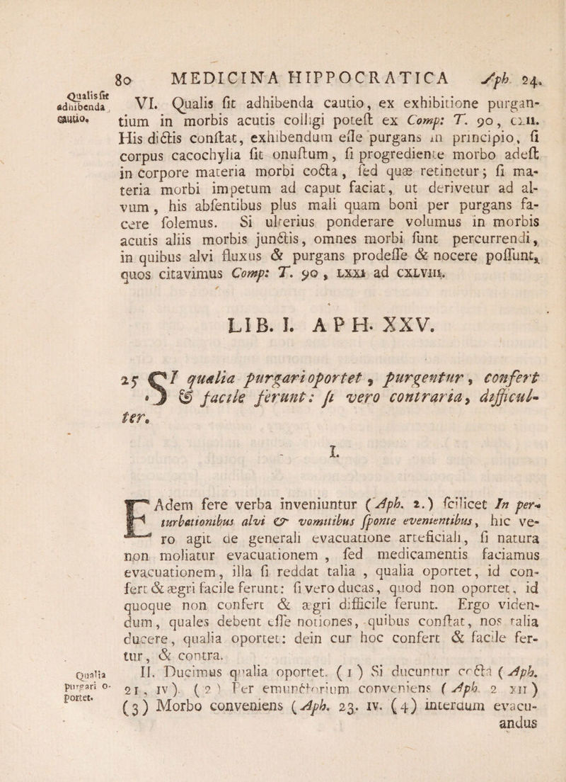Quilis fit adhibenda Qualia purgari o- portet. 8o MEDICINA HIPPOCRATICA Sph 24. VI. Qualis fit adhibenda cautio, ex exhibitione purgan¬ tium in morbis acutis colligi poteA ex Comp: T. 90, cxu. His diflis confiat, exhibendum ede purgans m principio. 0 corpus cacochylia fit onuftum, fi progrediente morbo adeft in corpore materia morbi cofila , fed quae retinetur; fi ma¬ teria morbi impetum ad caput faciat, ut derivetur ad al¬ vum 5 his abfentibus plus mali quam boni per purgans fa¬ cere folemus. Si uberius ponderare volumus in morbis acutis aliis morbis jun6lis, omnes morbi funt percurrendi, in quibus alvi fluxus & purgans prodefle & nocere poflunt* quos citavimus Comp: T. 90 , lxxi ad cxLVin. LIB. I. A P H. XXV. ay P/ qualia purgari oportet 9 purgentur, confert & fac de ferunt: fi vero contraria, difficul¬ ter* L E A dem fere verba inveniuntur (Apb. 2.) fodicet In per+ turbationibus alvi vomitibus fponte evenientibus, hic ve¬ ro agit de generali evacuatione arteficiah, fi natura non moliatur evacuationem , fed medicamentis faciamus evacuationem, illa fi reddat talia , qualia oportet, id con¬ fert & aegri facile ferunt: fi vero ducas, quod non oportet, id quoque non confert & agri difficile ferunt. Ergo viden¬ dum, quales debent effie notiones, quibus conflat, nos ralia ducere, qualia oportet: dein cur hoc confert & faede fer¬ tur, & contra. II. Ducimus qualia oportet, (i) Si ducuntur cr61i (Aph. 2i, iv). (2) Per emumflnriurn conveniens (Aph 2 ?ii) (3) Morbo conveniens {Aph. 23. iv. (4) interaum evacu¬ andus