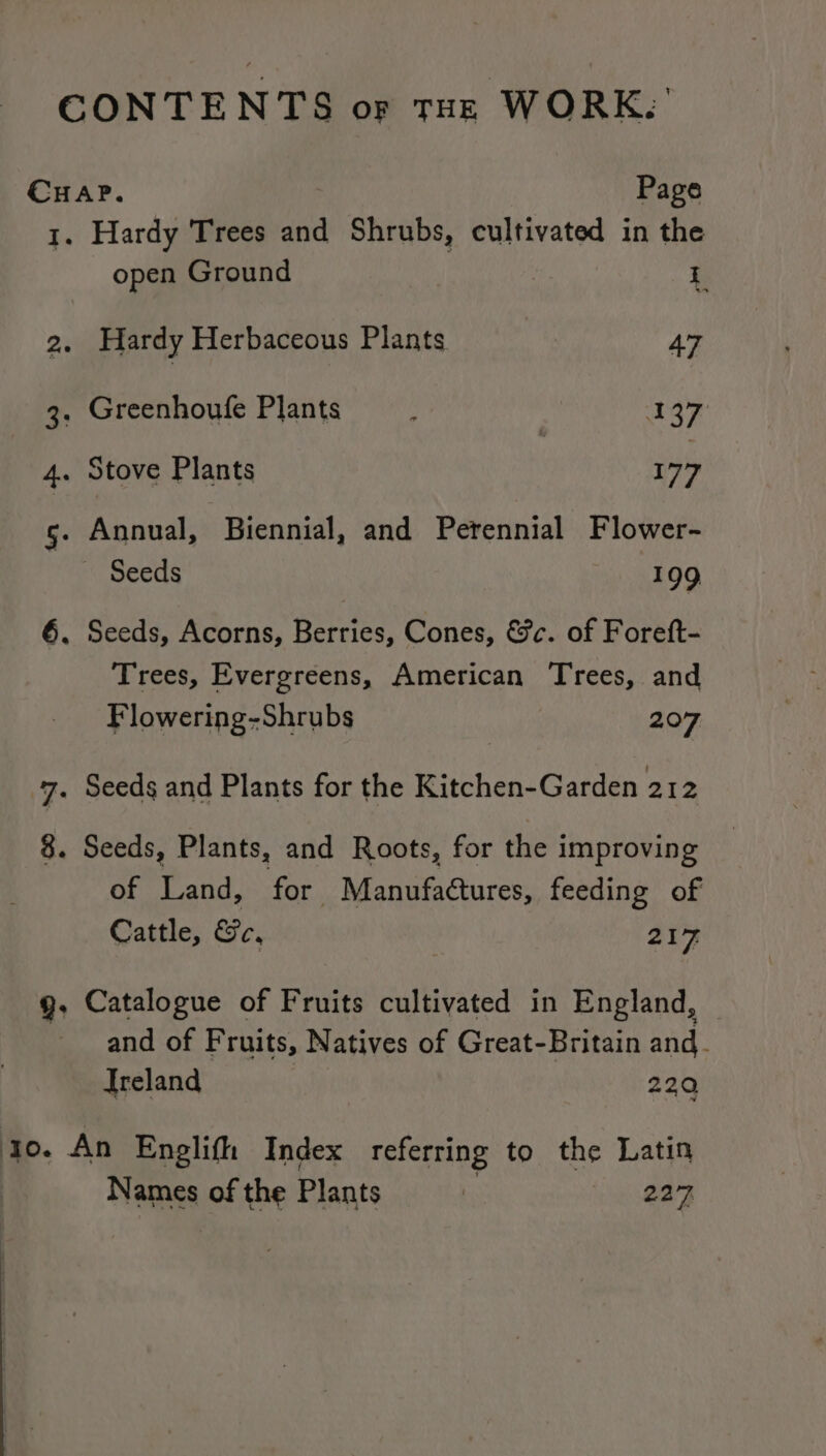 CONTENTS or THE WORK. CHAP. Page 1. Hardy Trees and Shrubs, cultivated in the open Ground | i 2. Hardy Herbaceous Plants 47 3. Greenhoufe Plants f 137 4. Stove Plants pis gs. Annual, Biennial, and Perennial Flower- ~ Seeds 199 6, Seeds, Acorns, Berries, Cones, &amp;c. of Foreft- Trees, Evergreens, American Trees, and Flowering-Shrubs 207 7. Seeds and Plants for the Kitchen-Garden 212 8. Seeds, Plants, and Roots, for the improving of Land, for. Manufactures, feeding of Cattle, Be, 217 g, Catalogue of Fruits cultivated in England, — and of Fruits, Natives of Great-Britain and. Ireland 229 ‘10. An Englifh Index referring to the Latin Names of the Plants | 227