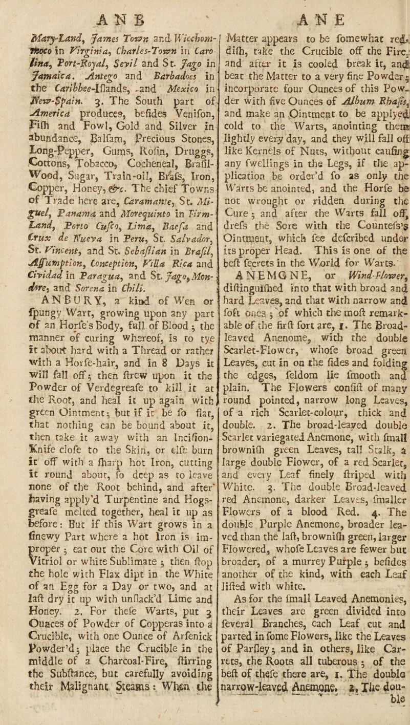 A NB Mary-Land, James Town 2nd Wiahom- ptoco in Virginia, Charles-Town in Caro jlina, Port-Royal, Seyil and St. Jago in Jamaica. Antego and Barbadoes in the Caribbee-lfiznds, -and Mexico in 7$ew-$pain. 3. The South part of America produces, befides Venifon, Idfh and Fowl, Gold and Silver in abundance, Balfam, Precious Stones, Tong-Pepper, Gums, Rofin, Druggs, Cottons, Tobacco, Cocheneal, Brafil- Wood, Sugar, Train-oil, Brafc, Iron, Copper, Honey, &e. The chief Towns of Trade here are, Caramanie, St. Mi- Panama and Morequinto in Firm- Land, Porto Cufto, Lima, Baefa and Crux de Wueva in Pent, St. Salvador, St. Vincent, and St. Sebaftian in Braftl, ALffumption, Conception, Villa pica and Cividad in Paragua, and St. Jago, Mon- - dore, and Sorena in Chili. \ _ ANBURY, a kind of Wen or fpungy Wart, growing upon any part of an Horfe’s Body, full of Blood ; the manner of curing whereof, is to tye It about hard with a Thread or rather with a Horfe-hair, and in 8 Days it will fall off ; then drew upon it the Powder of Verdegreafe to kill it at the Root, and heal it up again with, green Ointment; but if it be fo flat, that nothing can be bound about it, then take it away with an Incifion- Knife clofe to the Skin, or dfe burn It off with a fharp hot Iron, cutting It round about, fo deep as to leave none of the Root behind, and after’ having apply’d Turpentine and Hogs- greafe melted together, heal it up as before: But if this Wart grows in a finewy Part where a hot Iron is im¬ proper ; eat out the Core with Oil of Vitriol or white Sublimate ; then flop the hole with Flax dipt in the White of an Egg for a Day or two, and at lad dry it up with unflack’d Lime and Honey. 2. For thefe Warts, put 3 Ounces of Powder of Copperas into a Crucible, with one Ounce of Arfenick Powder’d; place the Crucible in the middle of a Charcoal-Fire, ftirring the Subftance, but carefully avoiding their Malignant SteamsWfyea the A N E Matter appears to be fomewhat red? difh, take the Crucible off the Fire, and after it is cooled break it, and! beat the Matter to a very fine Powder 5 incorporate four Ounces of this Pow¬ der with five Ounces of Album Rbafss and make an Ointment to be applyed cold to the Warts, anointing them lightly every day, and they will fall off like Kernels of Nuts, without ca ufing any fwellings in the Legs, if the ap¬ plication be order’d fo as only the Warts be anointed, and the Horfe be not wrought or ridden during the Cure; and after the Warts fall off, drefs the Sore with the Countefs’g Ointment, which fee deferibed under its proper Head. This is one of the beff fecrets in the World for Warts. ANEMONE, or Wind-Flower, diffinguifhed into that with broad and hard Leaves, and that with narrow and foft ones % of which the moft remark¬ able of the firft fort are, 1. The Broad- leaved Anenome, with the double Scarlet-Flower, whofe broad green Leaves, cut in on the fides and folding the edges, feldom lie fmooth and plain. The Flowers confiff of many round pointed, narrow long Leaves, of a rich Scarlet*colotir, thick and double. 2. The broad-leayed double Scarlet variegated Anemone, with fmall brownifh green Leaves, tall Stalk, a large double Flower, of a red Scarlet, and every Leaf finely ffriped with White. 3. The double Broad-leaved red Anemone, darker Leaves, fmaller Flowers of a blood Red. 4. The double Purple Anemone, broader lea¬ ved than the iaft, brownifli green, larger Flowered, whofe Leaves are fewer but broader, of a murrey Purple 5 befides another of the kind, with each Leaf Jiffed with white. As for the fmall Leaved Anemonies, their Leaves are green divided into feveral Branches, each Leaf cut and parted in fome Flowers, like the Leaves of Parfley; and in others, like Car- rets, the Roots all tuberous ; of the beff of thefe there are, 1. The double narrow-leaved Anemoae. a, The dou- bie