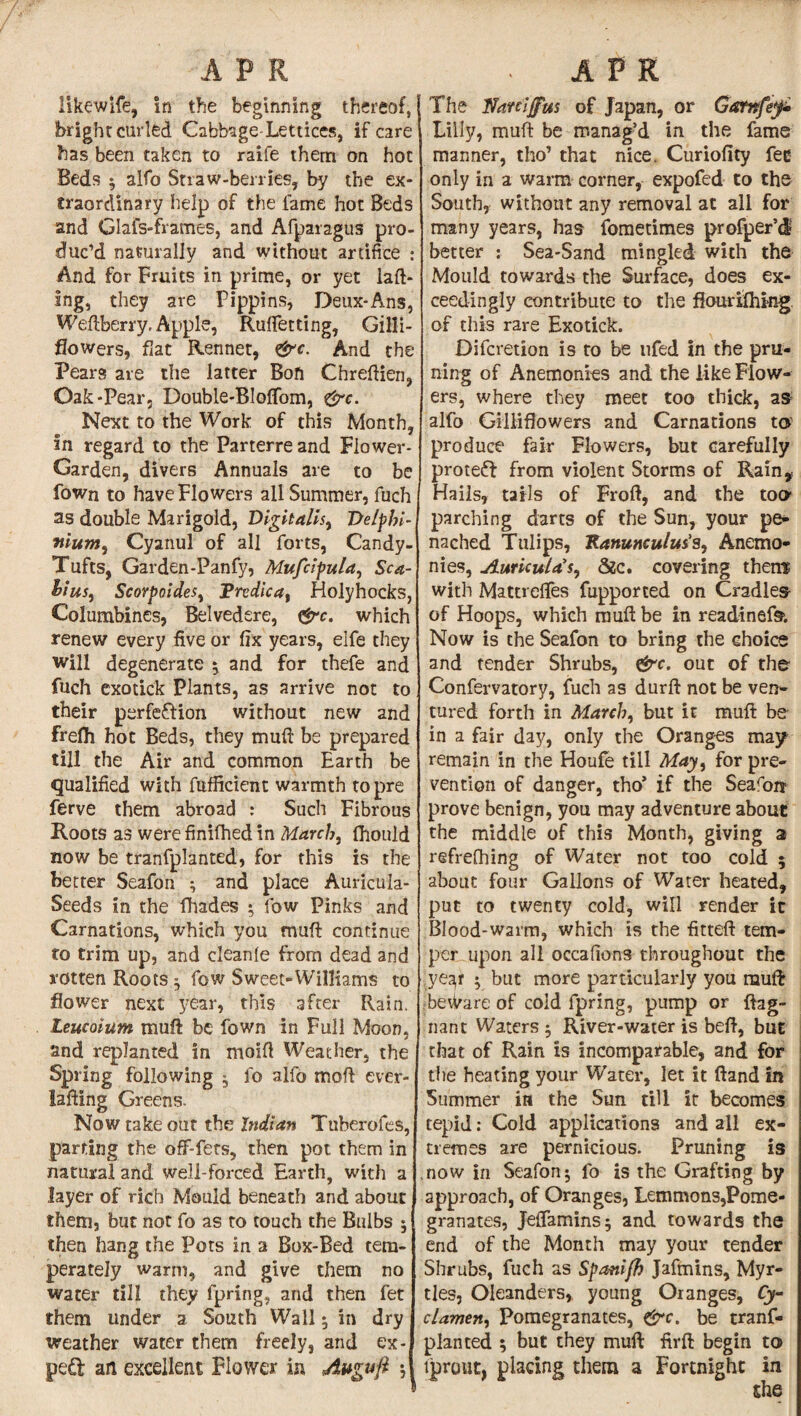 likewlfe, in the beginning thereof, bright curled Cabbage Lettices, if care has been taken to raile them on hoc Beds 5 alfo Straw-berries, by the ex¬ traordinary help of the fame hot Beds and Glafs-frames, and Afparagus pro¬ duc’d naturally and without artifice : And for Fruits in prime, or yet lad¬ ing, they are Pippins, Deux-Ans, Weftberry, Apple, Ruffetting, Gilli- flowers, fiat Rennet, &c. And the Pears are the latter Bon Chredien, Oak-Pear, Double-Bloffom, &c. Next to the Work of this Month, in regard to the Parterre and Flower- Garden, divers Annuals are to be fown to have Flowers all Summer, fuch ns double Marigold, Digitalis, Delphi¬ nium, Cyanul of all forts, Candy- Tufts, Garden-Panfy, Mufcipula, Sca- hius, Scorpoides, Predica, Holyhocks, Columbines, Belvedere, &c. which renew every five or fix years, elfe they will degenerate $ and for thefe and fuch exotick Plants, as arrive not to their perfe&ion without new and frefli hoc Beds, they mud be prepared till the Air and common Earth be qualified with fufficient warmth topre ferve them abroad : Such Fibrous Roots as werefinifhedin March, fhould now be tranfplanted, for this is the better Seafon ; and place Auricula- Seeds in the fhades • fow Pinks and Carnations, which you mud continue to trim up, and cleanfe from dead and rotten Roots 5 fow Sweet-Williams to flower next year, this after Rain. Leucoium mud be fown in Full Moon, and replanted in moid Weather, the Spring following 5 fo alfo mod ever- lading Greens. Now take out the Indian Tuberofes, parting the off-fets, then pot them in natural and well-forced Earth, with a layer of rich Mould beneath and about them, but not fo as to touch the Bulbs ; then hang the Pots in a Box-Bed tem¬ perately warm, and give them no water till they fpring, and then fet them under a South Wall 5 in dry weather water them freely, and ex¬ pert an excellent Flower in Auguft $ The ffaniff'us of Japan, or Gant fey* Lilly, mud be manag’d in the fame manner, tho’ that nice. Curiofity fee only in a warm corner, expofed to the South, without any removal at all for many years, has fometimes profper’d better : Sea-Sand mingled with the Mould towards the Surface, does ex¬ ceedingly contribute to the ffourifhing of this rare Exotick. Difcretion is to be ufed in the pru¬ ning of Anemonies and the like Flow¬ ers, where they meet too thick, as alfo Gillifiowers and Carnations to produce fair Flowers, but carefully protect from violent Storms of Rain, Hails, tails of Frod, and the too- parching darts of the Sun, your pe- nached Tulips, ’Ranunculus's, Anemo¬ nies, Auricula's, &c. covering them with Mattrdfes fupported on Cradles of Hoops, which mud be in readinefs. Now is the Seafon to bring the choice and tender Shrubs, &c. out of the Confervatory, fuch as durd not be ven¬ tured forth in March, but it mud be in a fair day, only the Oranges may remain in the Houfe till May, for pre¬ vention of danger, tho* if the Season- prove benign, you may adventure about the middle of this Month, giving a refrefhing of Water not too cold ; about four Gallons of Water heated, put to twenty cold, will render it Blood-warm, which is the fitted tem¬ per upon all occafions throughout the .year 5 but more particularly you rauft beWare of cold fpring, pump or dag- nan t Waters ; River-water is bed, but that of Rain is incomparable, and for the heating your Water, let it dand in 5ummer in the Sun till it becomes tepid: Cold applications and all ex¬ tremes are pernicious. Pruning is now in Seafon; fo is the Grafting by approach, of Oranges, Lemmons,Pome¬ granates, Jeflamins; and towards the end of the Month may your tender Shrubs, fuch as Spanifh Jafmins, Myr¬ tles, Oleanders, young Oranges, Cy- clamen, Pomegranates, &c. be tranf¬ planted ; but they mud fird begin to tprout, placing them a Fortnight in