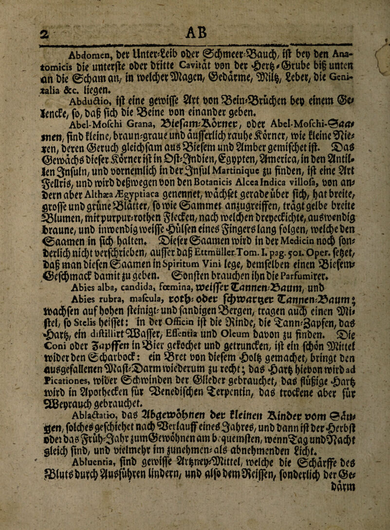 Abdomen, ber Untct*£cib ober ©d&ttieer-5Baudb, ifl bet) ben Aua- tomicis bie unterfle ober btltte Cavitat oon ber >&etfc'©rube big unten an bie ©cgam an, in weiter Mafien/ ©ebdtrne, 'StUh, Seher, bie Geni- talia &c. liegen. Abdudio, (fl eine gewiffe 2lrt bon 58eimS8tüchen beu einem @e» lencfe, fo/ bag ftcb bie Sßeine »on einanber geben. Abel-Mofchi Grana, 23iefi!in.'ÄöCIieC , ober Abel-Mofchi-Ö5tf<te »neu, ftnb Heine, brau mgraue unb ctuffetlid) raube Körner, «eie Heine Sftier *en, beren ©etuch gieid)fam aus Sßiefem unb 2lmbet gemifcbet ifl. © aS ©eneäcbs biefer Äörner ifHn öfi^nbien, €gbpten, America, in ben ^ntii» len 3nfuln, unb ootnemlid) in ber 3nful Martinique ju ftnben, ifl eine 21 rt geütis, unb wttb begwegen eon ben Botanids Alceaindica viiiofö, oon am Sern aber Alth*a d-gyptmca genennet, wäd)fet gerabe über ftcb, bat breite/ Stoffe unb grüne Glättet, fo wie ©ammet anjugreiffcn, tragt gelbe breite lölumen, mitpurputstotben giecfen, nacb welchen btepecficgte, auSwenbig Sraune, unb tnwenbig ueeifle >£)iilfen eines Singers lang folgen, welche ben ©Saamen in ftcb halten, ©iefet ©aamen wirb in ber Medicin noch fon* Scrlid) nicht oetfcbrieben, aujfet bag EttmülierTom. i. pag. 501. Oper, feget/ Sag man biefen ©aamen in Spiritum Vini lege, bemfelben einen SBiefetw ©efcbmacS bamit ju geben, ©onflen brauchen ihnbie Parfumiwr. Abies alba, candida, fcemina, weiffet: lErtnnett23rtUm; unb Abies rubra, mafcula, totb- ober fd) wer 13 er ICanntnJSaum« wadhfen auf bogen flemigt, unb fanbigen bergen, tragen auch einen “Ssti» fiel, fo Stelis heiffet: in ber offidn ifl bie Dtinbe, bie ^ann^apfen, baS «£>ath, ein diftiliirt<2Baffer, Effentia unb oleum baoon ju ftnben. ©te Coni ober SopflFen inlßier gefochet unb getrunefen, (fl ein fchon Mittel wibetben ©chatboef: ein 53ret eon biefem «öoig gemacbet, bringt ben ausgefallenen_3)lafi*©armwiebetüm }u recht; bas >£>atb hieben wirb ad picationes, wibet ©cbwinben bet ©lieber gebrauchet, bas gügige *£tarh wirb in SlpothecEen für SBenebifdjen Serpentin, bas troefene aber für SEßeprauch gebrauchet. Ablaftati-o, bas Tib^ewobnen ber Keinen Äinbee vom ©dttr gen, folcheS gefchiehet nach ‘Sßerlauf eines Jahres, unb bann ifl ber «öerbfl »ber bas §tüh<3ahr jum@ewohnen am bcguemflen, wenn^ag unb^fadht gleich ftnb, unb »ielmeht im junebmew als abnehmenben Sicht. Abtuentia, ftnb gewiffe Slrgnem^littel, welche bie ©chdrffe bes ?Blutsbutch Ausfuhren linbetn, unb alfebem9iei(fen, fonbetlicb ber ©er bdrnt