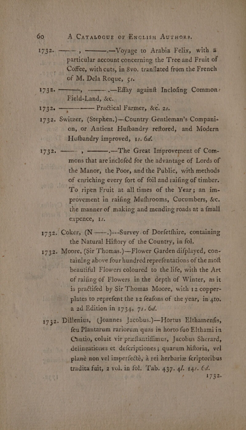 17825: 173% 17326 17R 2, 1732. 1732- 17 32> (Oe et .—Voyage to Arabia Felix, with @ particular account concerning the Tree and Fruit of Coffee, with cuts, in 8vo. tranflated from the French of M. Dela Roque, 5s. ay .—Effay againft Inclofing Common, Field-Land, &amp;c.. Prattical Farmer, &amp;c. 25. ’ Switzer, (Stephen.)—Country Gentleman’s Compani- on, or Antient Hufbandry reftored, and Modern Hufbandry improved, 1s. 6d. mee > .—The Great Improvement of Com- mons that are inclofed for the advantage of Lords of the Manor, the Poor, andthe Public, with methods of enriching every fort of foil and iaifing of timber. To ripen Fruit at. all times of the Year; an im- provement in ratfing Mufhrooms, Cucumbers, &amp;c. the manner of making and mending roads at a {mall expence, Is. Coker, (N——.)---Survey. of Dorfetfhire, containing the Natural Hiftory of the Country, in fol. Moore, (Sir Thomas.)—Flower Garden difplayed, con- taining above four hundred reprefentations of the moft beautiful Flowers coloured to the life, with the Art of raifing of Flowers inthe depth of Winter, as it is praétifed by Sir Thomas Moore, with 12 copper- plates to reprefent the 12 feafons of the year, in 4to. a 2d Edition in 1734, 75. 6d. Dillenius, (Joannes Jacobus.)—Hortus Elthamenfis, feu Plantarum rariorum quas in horto fuo Elthamiin Cantio, coluit vir preflantifiimus, Jacobus Sherard, delineationes et defcriptiones; quarum hiftoria, vel plane non vel imperfecté, a rei herbariz fcriptoribus tradita fuit, 2 vol. in fol. Tab. 437. 4/. 145. Ed. ’ 1732.