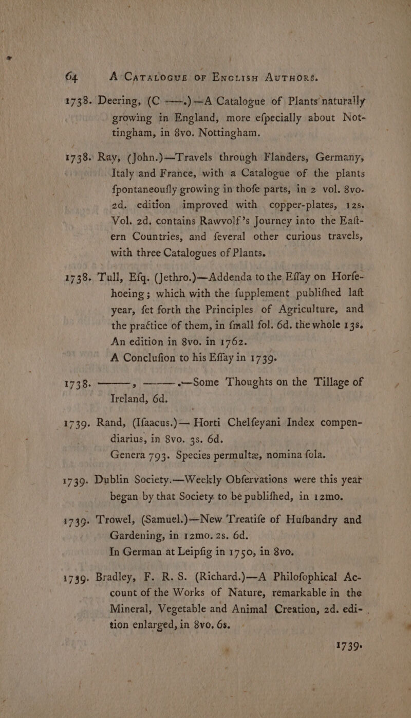 1738: 1739 Deering, (C -——.)—A Catalogue of Plants naturally growing in England, more efpecially about Not- tingham, in 8vo. Nottingham. Ray, (John.)—Travels through aha rss Germany, Italy and France, with a Catalogue of the plants fpontaneoufly growing in thofe parts, in 2 vol. 8vo. 2d. edition improved with copper-plates, 12s. Vol. 2d. contains Rawvolf’s Journey into the Eatt- ern Countries, and feveral other curious travels, with three Catalogues of Plants. Tull, Efg. (Jethro.)—Addenda to the Effay on Horfe- hoeing; which with the fupplement publifhed laft year, fet forth the Principles of Agriculture, and the prattice of them, in {mall fol. 6d. the whole 13s. An edition in 8vo. in 1762. A Conclufion to his Effay in 1739. » ———.~-Some Thoughts on the Tillage of Treland, 6d. Rand, (Ifaacus.)— Horti Chelfeyani Index compen- diarius, in 8vo. 3s. 6d. Genera 793. Species permulte, nomina fola. Dublin Society.—Weekly Obfervations were this year began by that Society to be publifhed, in izmo. Gardening, in 12mo. 2s. 6d. In German at Leipfig in 1750, in 8vo. Bradley, F. R.S. (Richard.)—A Philofophical Ac- count of the Works of Nature, remarkable in the Mineral, Vegetable and Animal Creation, 2d. edi- | tion enlarged, in 8vo. 6s. P 1739s