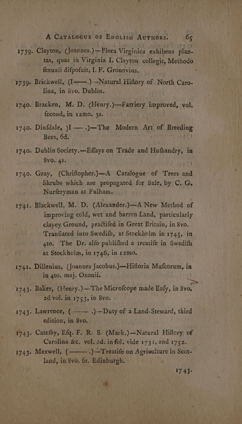 ‘ — A CaraLocue or Encrisn AuTuors. 65 1739. Clayton, (Joannes.)—Flora Virginica exhibens plan- tas, quas in Virginia I. Clayton collegit, Methodo fexuali difpofuit, I. F, Gronovius. 1739- Brickwell, (I——.)-—Natural Hiftory of North Caro- lina, in 8vo. Dublin. 1740. Bracken, M. D. (Henry.)—Farriery improved, vol. fecond, in 12mo, 3s. 1740. Dinfdale, jl ——.)—The Modern Art of Peecgling Bees, 6d. 1740. Dublin Society.—Effays on Trade and Hufbandry, in 8VvO. 4S. 1740. Gray, (Chriftopher.)—A Catalogue of Trees and Shrubs which are propagated for Sale, by C. G. Nurferyman at Fulham, 1741. Blackwell, M. D. (Alexander.)—A New Method or improving cold, wet and barren Land, particularly clayey Ground, practifed in Great Britain, in 8vo. Tranflated into Swedifh, at Stockholm in 1745, in 4to. The Dr. alfo publifhed a treatife in Swedifh at Stockholm, in 1746, in 12mo. 1741. Dillenius, (Joannes Jacobus.)—Hiftoria Mufcorum, in in 4to. maj. Oxonii. 1743- Baker, (Henry.)—The Microfcope made Eafy, in 8vo, 2d vol. in 1753, in 8vo. 1743. Lawrence, ( ~---— .)—Duty of a Land-Steward, third edition, in 8vo. 1743. Catefby, Hfq. F. R. S. (Mark. Fiinera Hiftory of Carolina &amp;c. vol. 2d. in fol. vide 1731, and 1752. 1743. Maxwell, ( .)—Treatife on Agrioulture in Scot- land, in 8vo. 6s. Edinburgh. 17 43> .