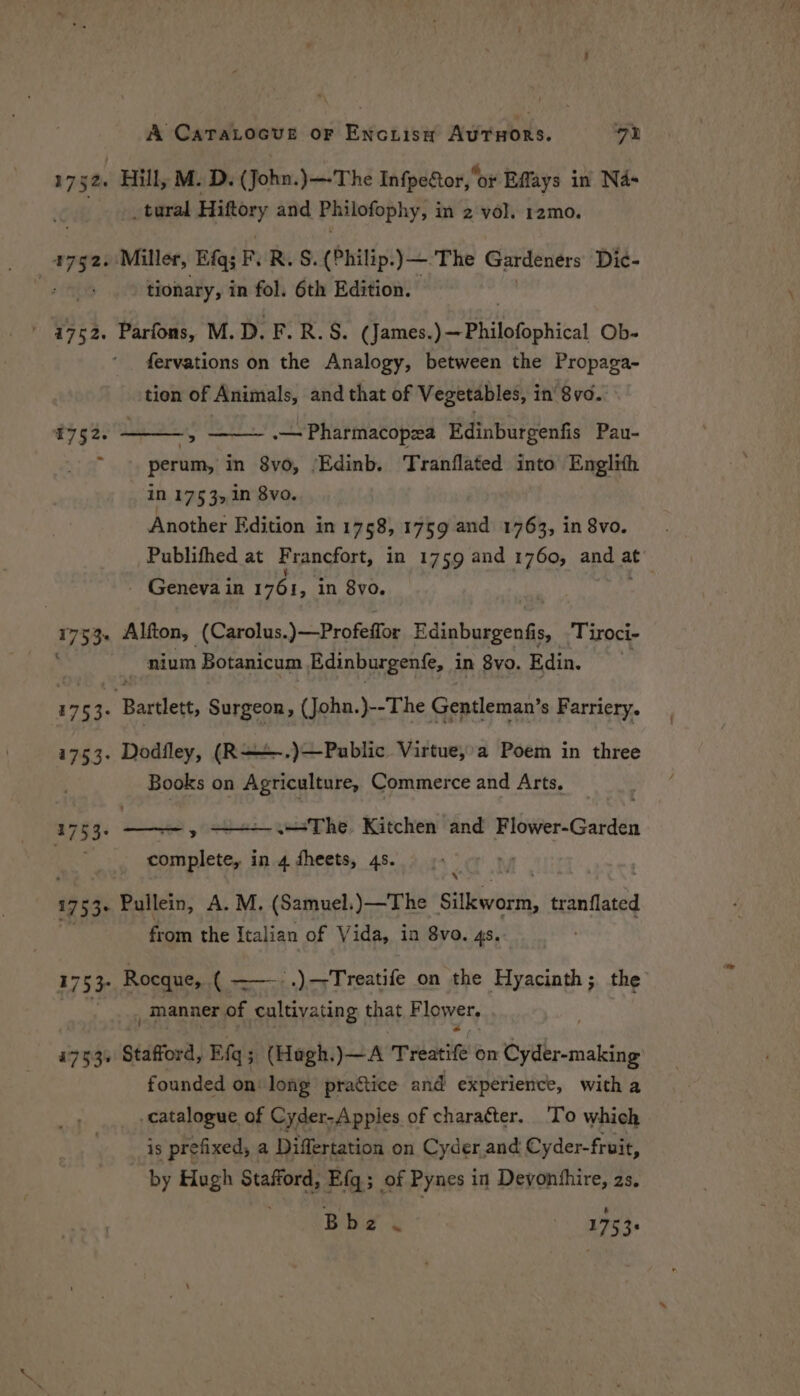 1752. Hill, M. D. (John.)—-The Infpe&amp;tor, ‘oF Effays in Nas _ tural Hiftory and Philofophy, i in 2 vol. 12mo. 4752. Miller, Efqs F. R. S. (Philip. )—:The Gardeners Dic- 3 tionary, in fol. 6th Edition. | 1752. Parfons, M.D. F.R.S. (James.)—~Philofophical Ob- fervations on the Analogy, between the Propaga- tien of Animals, and that of Vegetables, i in 8yvo. 4752. 5 .— Pharmacopza Edinburgenfis Pau- perum, in 8vo, ‘Edinb. Tranflated into Englith IN 1753, 1n 8vo. Another Edition in 1758, 1759 and 1763, in 8vo. Publifhed at Francfort, in 1759 and 1760, and ad - Geneva in 1761, in 8yo. 17 53. Alfton, (Carolus.)—Profeffor Edinburgenfis, Tiroci- nium Botanicum Edinburgenfe, in 8vo. Edin. 17 53: ‘Bartlett, Surgeon, (John.)--The Gentleman’s Farriery. 1753. Dodfley, (R++-.)—Public Virtue,’a Poem in three Books on Agriculture, Commerce and Arts, > — The. Kitchen and pibwer-Gatdén complete, in 4 fheets, 4s. 1753: 1753 Ballein, A. M, (Samuel.)—The save tranflated from the Italian of Vida, in 8vo. 48. 1753- Rocque, ( _.)-—-Treatife on the Hyacinth; the _manner of cultivating that F lower, 175.3% siden’, Ef ; 3 (Hagh.)—A rppaatite on Gyr making founded on: long practice and experience, with a catalogue of Cyder-Appiles of charatter. To which is prefixed, | a Differtation on Cyder and Cyder-fruit, by Hugh Stafford, Efq; of Pynes in Devonshire, 2s. Bes 1753s