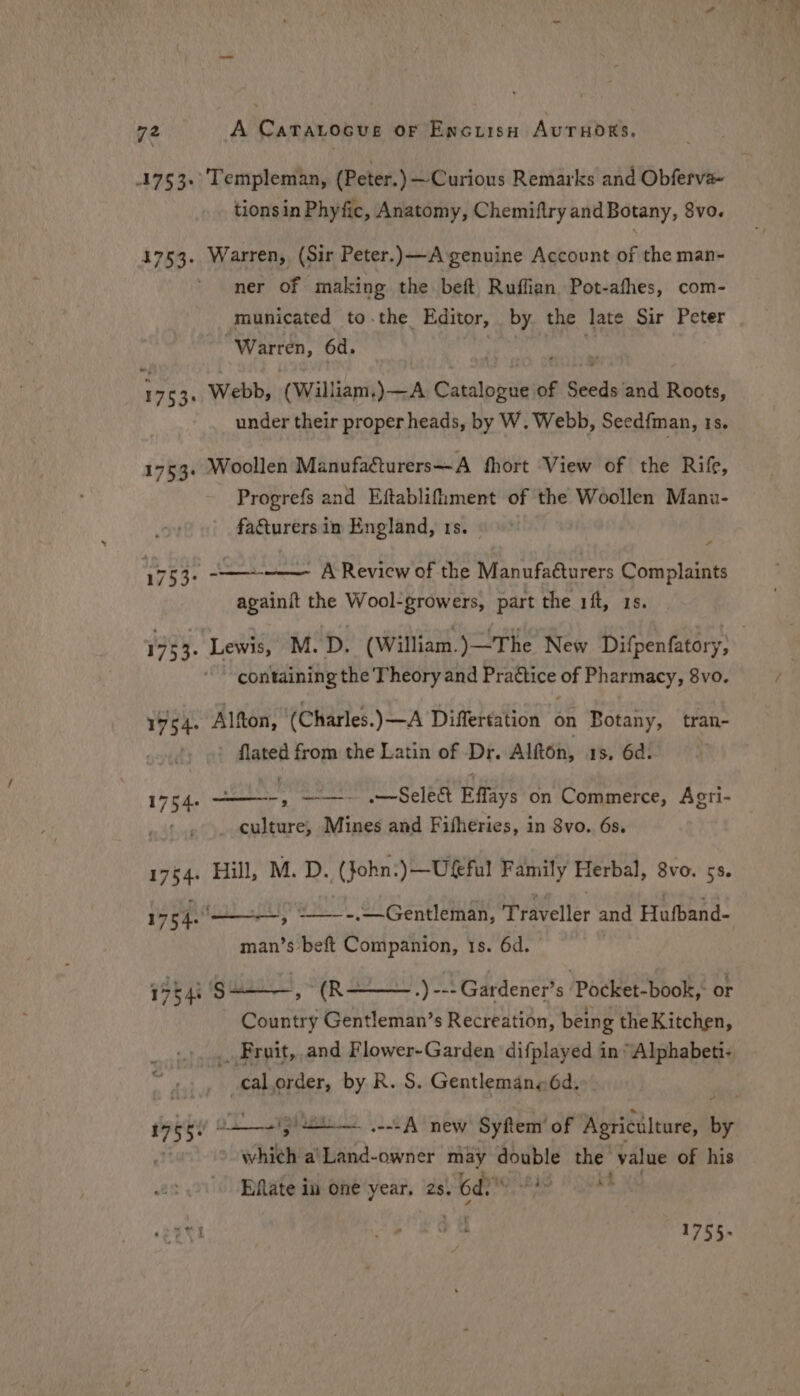 7? 1753 1755! A Catatocvue oF Enciuisu AvurHors. Templeman, (Peter.) —Curious Remarks and Obferva tions in Phyfic, Anatomy, Chemiftry and Botany, 8vo. Warren, (Sir Peter.) —Agenuine Account of the man- ner Of making the beft, Ruffian Pot-afhes, com- municated to.the Editor, by the late Sir Peter “Warren, 6d. Webb, (William.)—A ésep iil of Seeds and Roots, under their proper heads, by W. Webb, Seedfman, 1s. Woollen Manufa&amp;turersA fhort View of the Rife, Progrefs and Eftablifhment of the Woollen Maniu- fafturers in England, 1s. — ee - A Review of the Manufacturers Complaints againit the Wool-growers, part the 1ft, 1s. containing the Theory and Practice of Pharmacy, 8vo. Alfton, (Charles. )—A Differtation on Botany, tran- hance from the Latin of -Dr. Alton, 1s, 6d. -, ——~ Select Eiays on Commerce, Agri- _ culture, Mines and Fifheries, in vo. 6s. Hill, M. D. (John:)—Ufeful Family Herbal, 8vo. ss. man’s beft Companion, 1s. 6d. , (R———.) --- Gardener’s ‘Pocket-book,: or Country Gentleman’s Recreation, being the Kitchen, _,.Fruit,,and Flower-Garden difplayed in “Alphabeti- calorder, by R. S. Gentlemane 6d. - whieh a’ Land-owner may double the value kes Eflate im one year, 2s. 6d. WY Bas re 1755-