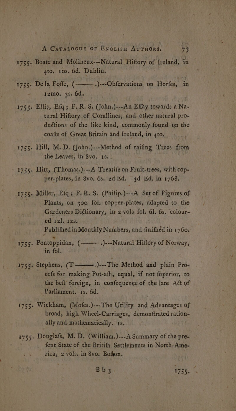 1755. Boate and Molineux---Natural Hiftory of Ireland, in 4to. 10s. 6d. Dublin. i 1755. Dela Foffe, ( 1zmo. 3s. 6d. .)--sObfervations on Horfes, in 17$5. Ellis, Efq; F.R.S. (John.)---An Effay towards a Na- tural Hiftory. of Corallines, and other natural pro- duétions of the like kind, commonly found on the coaits of Great Britain and Ireland, in 4to. 1755. Hill, M. D. (John.)---Method of raifing Trees from the Leaves, in 8vo. 1s. _ ey 4th Hitt, (Thomas.)---A Treatife on Fruit-trees, with cop- | per-plates, in 8vo. 6s. 2d Ed. 3d Ed. in 1768. 1755: Miller, Efq; F.R.S. (Philip.)---A Set of Figures of Plants, on 300 fol. copper-plates, adapted to the Gardeners Digtionary, in z vols. fol. 61. 6s. colour- ed 121, 12s. _1755- Pontoppidan, ( --,)---Natural Hiftory of Norway, in fol. 1755. Stephens, (T————-.)---The Method and plain Pro- cefs for making Pot-afh, equal, if not fuperior, to the beft foreign, in SORirLNeies of the late A&amp; of ‘Parliament. is. 6d. i755. Wickham, (Mofes.)---The Utility and a svaiitadeh of broad, high Niet demontftrated ration- aBy and, mathematically. 1 1755° Douglas, M. D. (William. a. A Summary of the pre- fent State of the Britifh Settlements in North-Ame- rica, 2 vols. in 8vo. Botton. Bb 3 1755. ~~