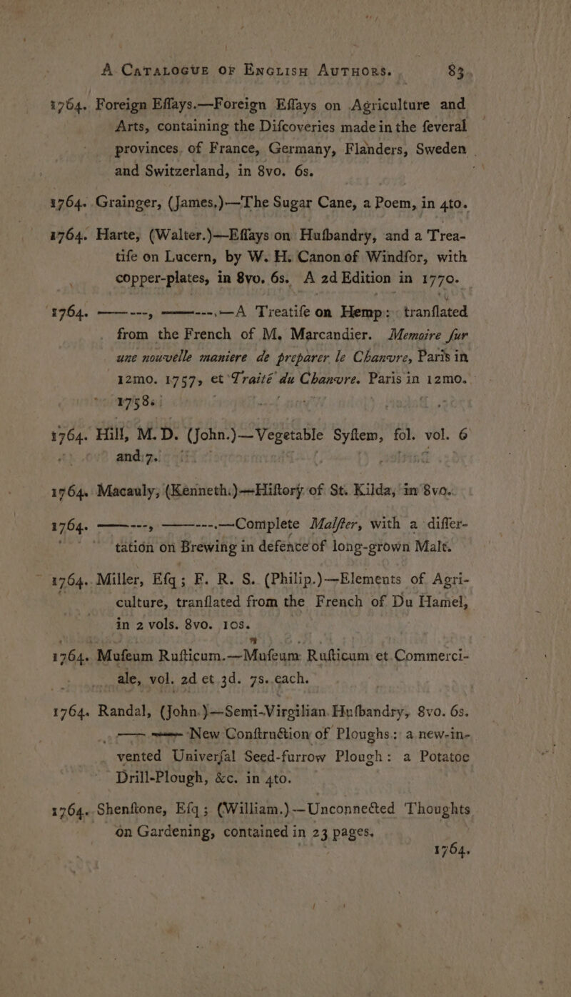 1764. Foreign Eflays.—Foreign Effays on Agriculture and Arts, containing the Difcoveries made in the feveral provinces, of France, Germany, Flanders, Sweden | and Switzerland, in 8vo. 6s. 1764. Grainger, (James,)—The Sugar Cane, a Poem, in 4to. 1764. Harte, (Walter.)—Effays on Hufbandry, and a Trea- tife on Lucern, by W. H. Canon of Windfor, with copper-plates, in 8yo. 6s. A 2d Edition in 1770. $764. ——---, ———---.--A Treatifeon Hemp: : tranflated from the French of M, Marcandier. Memoire fur une nouvelle maniere de preparer le Chanvre, Paris in 12mo. 4757, et Traité du Chanvre. Paris in 12mo0. ii dee 1764. Hill, M.D. enn )—Vegetable mpat ends bie: 6 andi7. | 1764. Macauly; (Kenneth:)—Hiftory of St. Kilda, in 8vo.. mo» 1764. ---.—-Complete Malfer, with a differ- i tatidn on Brewing in defence of long-grown Malt. 1764.. Miller, Efq ; F. R. S. (Philip. )—Elements of Agri- culture, tranflated from the French of Du Hamel, in 2 vols. 8vo. 10s. ' koi  by 1764. Mufeum Rufticum.—Mufeum Rufticum et.Commerci- _ale, vol, 2d et 3d. 7s..each. ee Randal, Gohn. onSemi-Wisgthian Hufbandry, 8vo. 6s. oa een New Conftru&amp;tion of Ploughs.; a new-in- vented Univerfal Seed-furrow Plough: a Potatoe Drill-Plough, &amp;c. in 4to. 1764. Shenitone, Efq ; (William.)-—Unconnected Thoughts on Gardening, contained in 23 pages, Wr 1754,