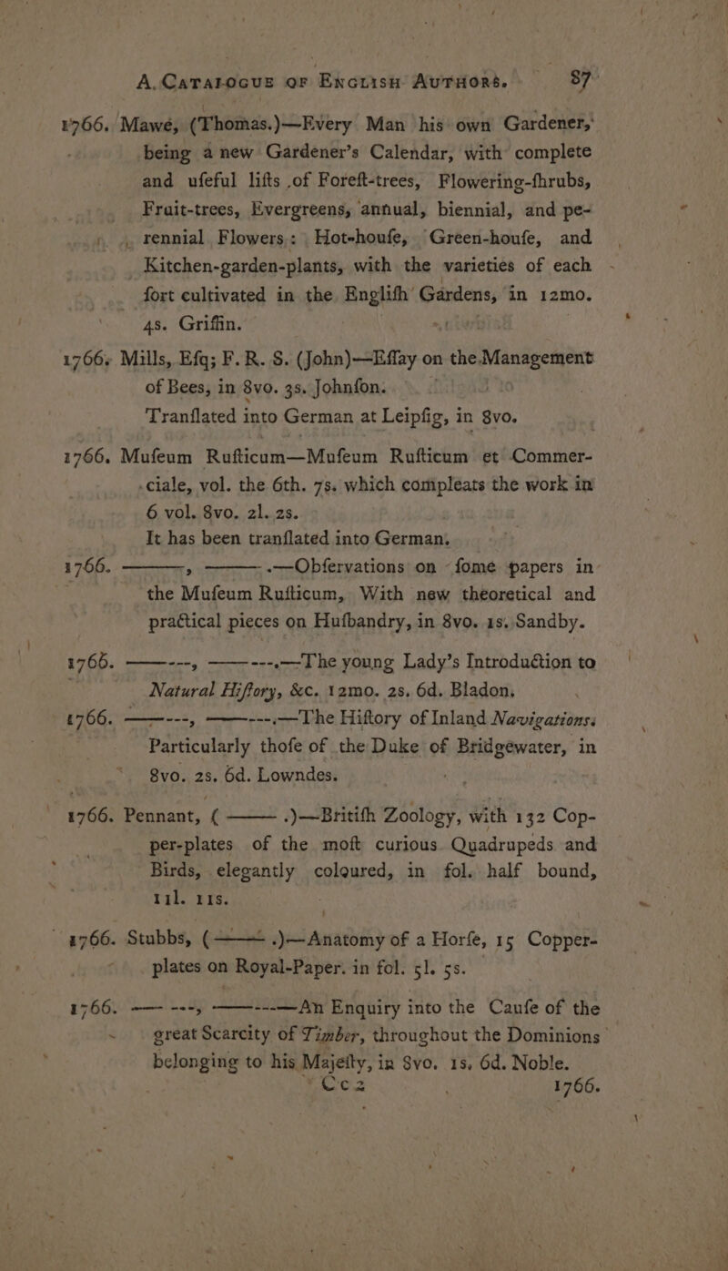 1766. Mawe, (Thomas.)—Every Man his own Gardener,’ being a new Gardener’s Calendar, with complete and ufeful lifts of Foreft-trees, Flowering-fhrubs, Frait-trees, Evergreens, annual, biennial, and pe- _ rennial Flowers,: _Hotehoufe, Green-houfe, and _ Kitchen-garden-plants, with the varieties of each fort cultivated in the English Gardens, in 12mo. . Griffin. “HY 1.706% si ae F.R.S. (Jehn}-siflay or on the Management of Bees, in 8vo. 3s. Johnfon. Tranflated into German at Leipfig, i in 8vo. 1766. Mufeum Rufticum—Mufeum Rufticum et Commer- .ciale, vol. the 6th. 7s. which comipleats the work in 6 vol. 8vo. al. 2s. It has been tranflated into German, 1766. ; -.—-Obfervations on -fomeé papers in the Mufeum Ruiticum, With new theoretical and practical pieces on Hufbandry, in 8vo. is. Sandby. 1766. ---, ———---.—-The young Lady’s Introduétion to ; Natural Hiffory, &amp;c. 12m0. 2s, 6d. Bladon, 1766. ——---, ---,-—The Hiftory of Inland Navigations: Particularly thofe of the Duke of (snap in 8vo. 2s, 6d. Lowndes. 1766. Pennant, r .)—Britith Zoology, with 132 Cop- per-plates of the moft curious. Quadrupeds and Birds, elegantly coloured, in fol. half bound, lil. 11s. | 1766. Stubbs, ( — .)—Anatomy of a Horfe, 15 Copper- plates on Royal-Paper. in fol. sl. 5s. 1766. ——- -=-, ---—Anh Enquiry seo the Caufe of the ~ | great Scarcity of Timber, throughout the Dominions belonging to his Metty, in Svo. 18, 6d. Noble. , ace