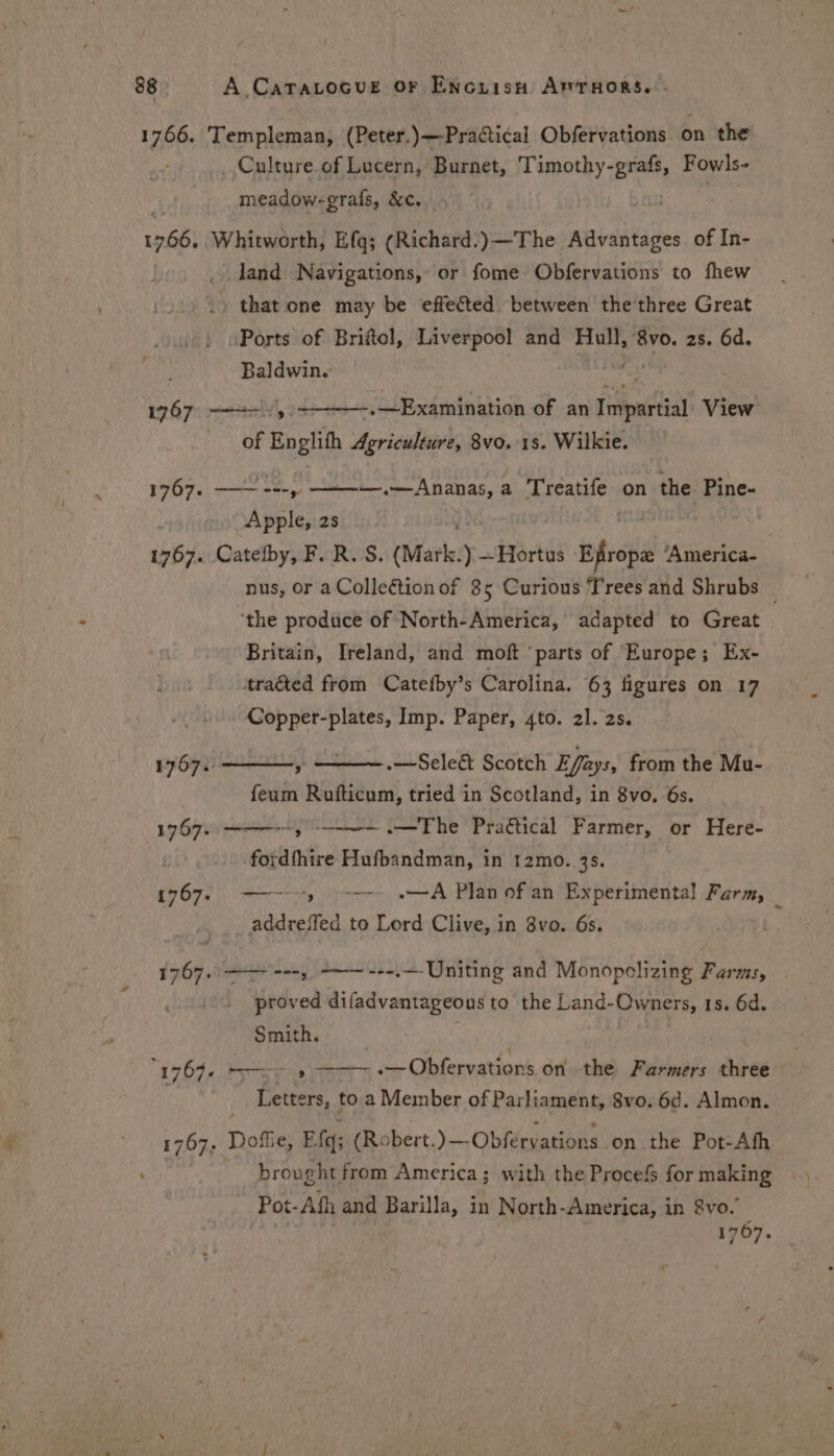 1766. ‘Templeman, (Peter.)—-Practical Obfervations on the . Culture.of Lucern, Burnet, tase ara, Fowls- meadow-grals, &amp;c. _ 1966 Whitworth, Efq; (Richard.)—The Advantages of In- _ land Navigations, or fome Obfervations to fhew _ that one may be effeGted between the three Great Ports of Briftol, Liverpool and Hull, &amp;vo. 2s. 6d. Baldwin. 17670 as . Examination of an Fedipatiat View of Englith Agridadian' 8vo. 1s. Wilkie. 1767. ——---, —.—Ananas,a Treatife on the. Pine- Apple, 2s ; 1767. Catefby, F. R. S. (Mark. )} - Hortus Efropx ‘America- nus, or a Collection of 85 Curious Trees and Shrubs ‘the produce of North-America, adapted to Great Britain, Ireland, and moft ‘parts of Europe; Ex- traéted from Catefby’s Carolina. 63 figures on 17 Copper-plates, Imp. Paper, 4to. 2]. 2s. 1757. , .—Sele&amp; Scotch Effa zys, from the Mu- feum Rufticum, tried in Scotland, in 8vo. 6s. 1767. eat ti -—The Praétical Farmer, or Here- tio) fordfhire Hufbandman, in 12mo. 3s. 1767. ——~-~*) ~~~ «A Plan of an Experimental Farm, _ addreffed to Lord Clive, in 8vo. 6s. 1767. ——~---, -—~---.— Uniting and Monopolizing Farms, proved difadvantageous to the Land-Owners, 1s. 6d. Smith. ; | “19767. 4 —~ , ——-.—Obfervations on the Farmers three Letters, to a Member of Parliament, 8vo. 6d. Almon. 1767, Doftie, Efq; (Robert.)—Obferyations on the Pot-Afh brought from America; with the Procefs for making Pot-Ath and Barilla, in North-America, in 8vo. 1767.