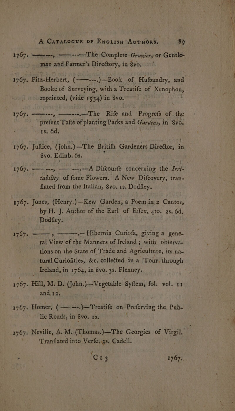 1767. ——n--y ———----—-The Complete Graxier, or Gentle- man and Farmer’s Directory, in 8vo. Booke of Surveying, with a Treatife of pcnoptors ga (vide 1534) in BvO. ” 1767. ———---, ——---.—The Rife and Progrefs of the prefent Tafte of planting Parks and Carre in 8vo. 1s. 6d. 1767. Juftice, (John.)—The Britifth Gardeners Dire&amp;tor, in 8vo. Edinb. 6s. : 1767. tability of fome Flowers. A New Difcovery, tran- flated from the ltalian, 8vo. 1s. Dodfley. 3767. Jones, (Henry.)—Kew Garden, a Poem inj2 Cantos, by H. J. Author of the Earl of Effex, ato. 2s. 6d. Dodiley. | ; .— Hibernia Curiofa, giving a gene- ral View of the Manners of Ireland; with objerva- tions on the State of Trade and Agriculture, its na- tural Curiofities, &amp;c. collected in a Tour. through Ireland, in 1764, in 8vo. 3s. Flexney. 1767. - ep, Hill, M. D. (John. dareVegecante Syftem, fol. vol. and 12. 1767. Homer, (—----. )—Treatife on 5» Preterving the Pub- lic Roads, in 8v0. 18. 1767. Neville, A. M. (Thomas.)—The Georgics of Virgil, Tranflated into-Verfe..zs. Cadell.