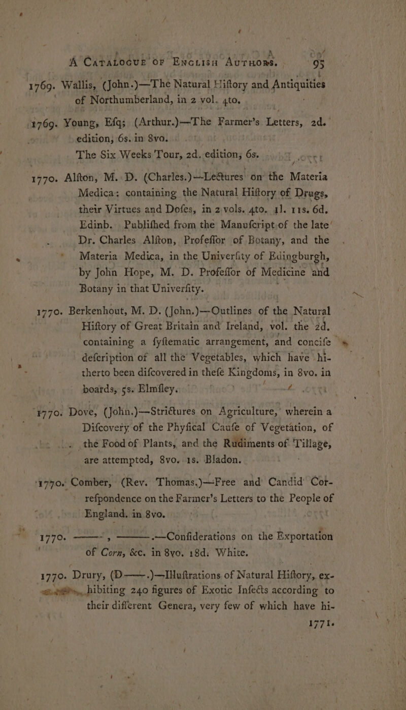 4 an * ct Oe hey ree PY vat Hi Wallis, (John. )—The Natural Hiftory and Antiquities | of Northumberland, in 2 vol. 4to, 1769. Young, Efq; (Arthur.)—The Farmer’s Leuters, 2d. edition, 6s. in 8vo. The Six Weeks Tour, 2d. edition; 6s, [ORT 1770. Alfton, M. D. (Charles. )—-Letures on the Materia Medica: containing the Natural Hiftory of Drugs, their Virtues and Dofes, in 2 vols. ato. 4]. 1 13. 6d. Edinb. Publifhed from the Manufcript.of the late’ Dr. Charles Alfton, Profeffor of Botany, and the Materia Medica, in the Univerlity of Edingburgh, ‘by Jolin Hope, M. D. Profeffor of Medicine and Botany in that Univerfity. 1770. Berkenhout, M. D. (John.)—Outlines of the Natural Hiftory of Great Britain and’ Ireland, vol. the 2d. ‘containing a fyfiematic arrangement, and concife defeription of all the Vegetables, which have hi- therto been difcovered in thefe Kingdoms, in 8vo. in boards, 5s. Elmfley, 9 rane Difcovery of the Phyfical Caufe of Vegetation, of the Food of Plants, and the Rudiments of Tiltage, are attempted, 8vo. 18. Bladon. ‘17708 Comber, (Rev. T homas.)—Free and’ Candid Cor- refpondence on the Farmer’s Letters to the People of England, in 8vo. 1770. “y .—Confiderations on the Exportation of Corn, &amp;c. in 8vyo. 18d: White. 1770. ‘Drury, (D——.)—Iuftrations of Natural Hiftory, ex- <@n@bibiting 240 figures of Exotic Infects according to their different Genera, very few of which have hi- 1771.