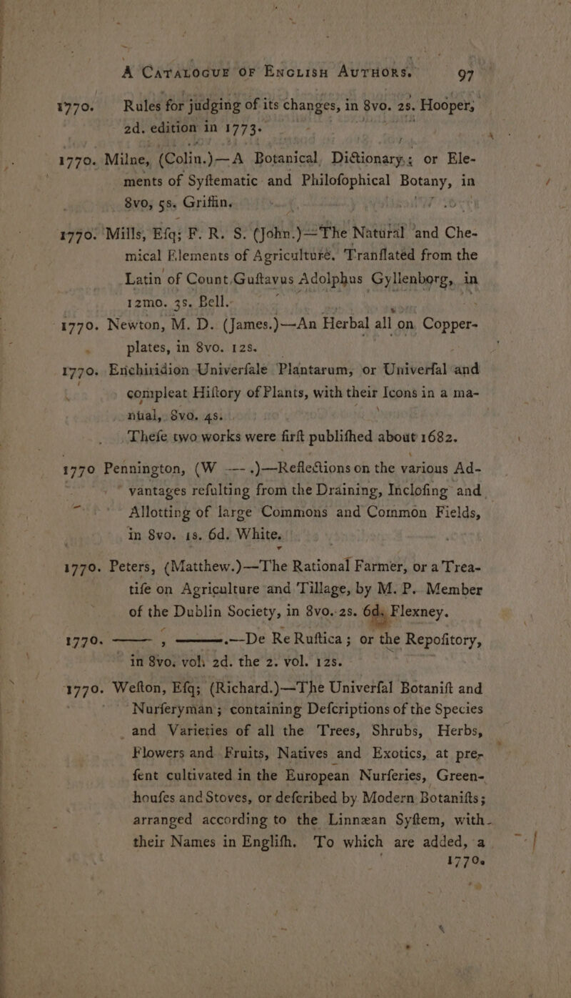 1770 Ta A Caratocur OF Encuisn AuTHoRs. 97 Rules fis judging of its changes, i in 8vo. 25. . Hooper; 2d. edition in 177 36 Milne, (Colin, )—A Botanical Dicionary,; or Ele- ments of Syftematic. and Philofophical Bonny, in 8vo, 5s. Grifiin, Mills, Efq: ee eu ay bsp ~2Fhe Natural ‘and Che- mical Elements of Agriculture. Tranflated from the Latin of Count, Guftavus Adolphus Gyllenborg, in 12zmo. 3s. Bell. ; . Newton, M. D. (James.)—An Herbal all on eet plates, in 8vo. 128. . Enchiridion Univerfale 'Pldntarem; or Univerfal and compleat Hiftory of Plants, with their Icons in a ma- nual, Svo. 4s. ! Thefe two works were firft publifhed about 1682. \ Pennington, (W —- .)—Reflestions on the various Ad- ’ yantages refulting from the Draining, Inclofing and. Allotting of large Commons and Common Fields, in 8vo. 1s. 6d. White. Peters, (Matthew.)—The Rational Farmer, or a Trea- tife on Agriculture and Tillage, by M. P.. Member of the Dublin Society, in 8v0.-28. Gia Kexney. a | ———.— De Re Ruftica; or the Repoiitory, ~ in 8vo: vol: 2d. the 2. vol. 12s. Welton, Efq; (Richard.)—The Univerfal Botanift and ‘Nurferyman; containing Defcriptions of the Species _and Varieties of all the Trees, Shrubs, Herbs, Flowers and Fruits, Natives and Exotics, at pre; fent cultivated in the European Nurferies, Green- houfes and Stoves, or defcribed by Modern Botanifts; arranged according to the Linnean Syftem, with- 1770.