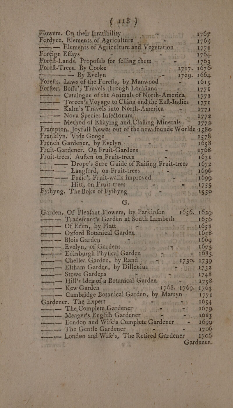 (8) ‘lowers. On their Inratibility . Wi ao A 1767 Fordyce. Elements of Apriculture: ine? sinh TOM = — Elements of Agra ATE! and Patel ' 41773 Foreign Effays a 1764. Foreft- ange Propofals far felling them - - : Tee Foret. Trees, By Cooke . - 1717. 1676 — By Evelyn 9 --. 472g. 1664 Fotefts. Tae oF the Forefis, by vin dvi” y 4 16015, ' Forfter, Boffu’s Travels through Louifiana-, .. = 1771 Saat Catalogue of the Animals of North-America, 1771 ——— 'Toreen’s Voyage to ‘China and the Eaft-Indies 1771 —— Kalm’s Travels into North- America -) 197K -———-— Nova Species Infectorum>, at) ate —-—— Method of Effaying and, Clafiing Wintiale;'s 1772 Frampton. Joyfull Newes out of the agmsipands Worlde 1580 Franklyn. Vide Googe - we 1578. French Gardener, by Evelyn - Aad esis 1658. Fruit-Gardener. On Fruit-Gardens nia att ean Fruit-trees. Auften on,Fruit-trees Ark eoRe ~—-—— Drope’s Sure Guide of Rais ing, irik trees 1672 ——— Langford, on Fruit-trees Pals 1696 ~————— Faeio’s Fruit-walls improved 9 = © 1699 ————— Hitt, on Fruit-trees - Te REE sti The Boke of Fythyng — = 14 .3§50 G. ad? Garden. Of Pleafant Flowers, ‘by Polenta 1656. 1629: ———. Tradefcant’s Garden at South ch 1656: ———-— Of Eden, by Platt a cedhy oh eva hose #——-— Oxford Botanical Garden. thtodiw lt 2x9 hO58- ——--— Blois Garden ee en *y 3b ory O@ ——-—., Evelyn, of Gardens Yack >. 1673 —~-r— Edinburgh Phyfical Garden . mp ahaa 108% —-— Chelfea Garden, by Rand ; Tt» hot7ao Zao -——— Eltham Garden, by Dillenius, ! tLe eae ——-— Stowe Gardens |. ebitighh! 1748 ~--— Hill’s ldea ofa Botanical 1 oe Po f 1758 ——-— Kew Garden , 1768. 1769. 1763 — Cambridge Botanical Garden, Le! Maa 1771 Gardener. The Expert fs | anit. .ate ——,— The,Complete,Gardenery .., .) ue ott 107% ——— Meager’s Englifh Gardener - - 1683 —-—. London and Wife’s Complete Gardener - 1699 —.-—- The Gentle Gardener . 1706- —— Londen and Wile’s, ‘The Retired adn 1706 Gardener..