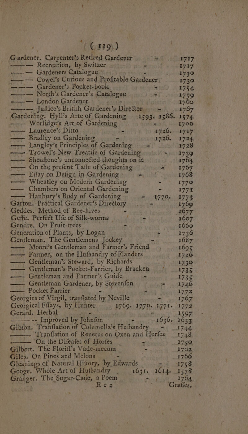 Gardener. Carpenter’s Retired Gardener Mell) echuaeay — Recreation, by Switzer . - vos 1717 ——_-— Gardeners Catalogue © 1730 ——— Cowel’s Curious and Profitable Gardener. 1730 ——-— Gardener’s Pocket-book. - 1754 ——— North’s Gardener’s Latslogus - 1759 -———— London Gardener 1760 — Juftice’s Britith Gardener’s DireGor - 1767 _ Gardening. Hyll’s Arte of Gardening 1593- 1586. 1574. Worlidge’s Art of Gardening | 1700 Laurence’s Ditto - nade 1717 —— Bradley on Gardening 1726. 1724 — Langley’s Principles of Gardening - 1728 ——-.Trowel’s New Treatife of Gardening |. =) 1739 —— Shenftone’s unconnected thoughts on it 1764. —— On the prefent Tafte of Gardening = 1767 -——- Effay on Defign in Gardening » gat 1768 ——— Wheatley on Modern Gardening . - 1770 —— Chambers on Oriental Gardening - 177% - Hanbury’s Body of Gardening =. W706. 17-73 Garton. Practical Gardener’s Direftory . - 1769 ' Geddes. Method of Bee-hives _ - 1677 Geffe. Perfe&amp;t Ufe of Silk-worms | ~+ 1607 Gendre. On Fruit-trees - | 1660 Generation of Plants, by Logan - 1730 Gentleman. The Gentlemens Jockey - 1687 ——— Moore’s Gentleman and Farmer’s Friend 1695 Farmer, on the Hufbandry of Flanders 1726 —— Gentleman’s Steward, by Richards 1730 - Gentleman’s Pocket-Farrier, by Bracken 1735 -—— Gentleman and Farmer’s Guide * 1735 ——— Gentleman Gardener, Ey Stevenfon = 1746 - Pocket Farrier Pipl 1772 Georgics of Virgil, tranflated iy Neville - 1767 Georgical Fffays, by Hunter 1769. 1770. 1771. 1772 Gerard. Herbal: - 1597 _ —__—_ -- Improved by Tohnion | 1636. 1633 Gibfon. Tranflation of Columella’s Hufbandry - 1744 % Tranflation of Renetus on Oxen and Horfes' 1748 On the Difeafes of Horfes _ - 1759 Gilbert. The Florift’s Vade- -mecum _ - 1702 Giles. On Pines and Melons 1766 Gleanings of Natural Hiftory, by, Edwards ah W768 Googe. Whole Art of Hufbandry | 1631. 1614. 1578 Granger. The Sugar-Cane, a Poem ooh 1764 E¢2 '. Grafies, |