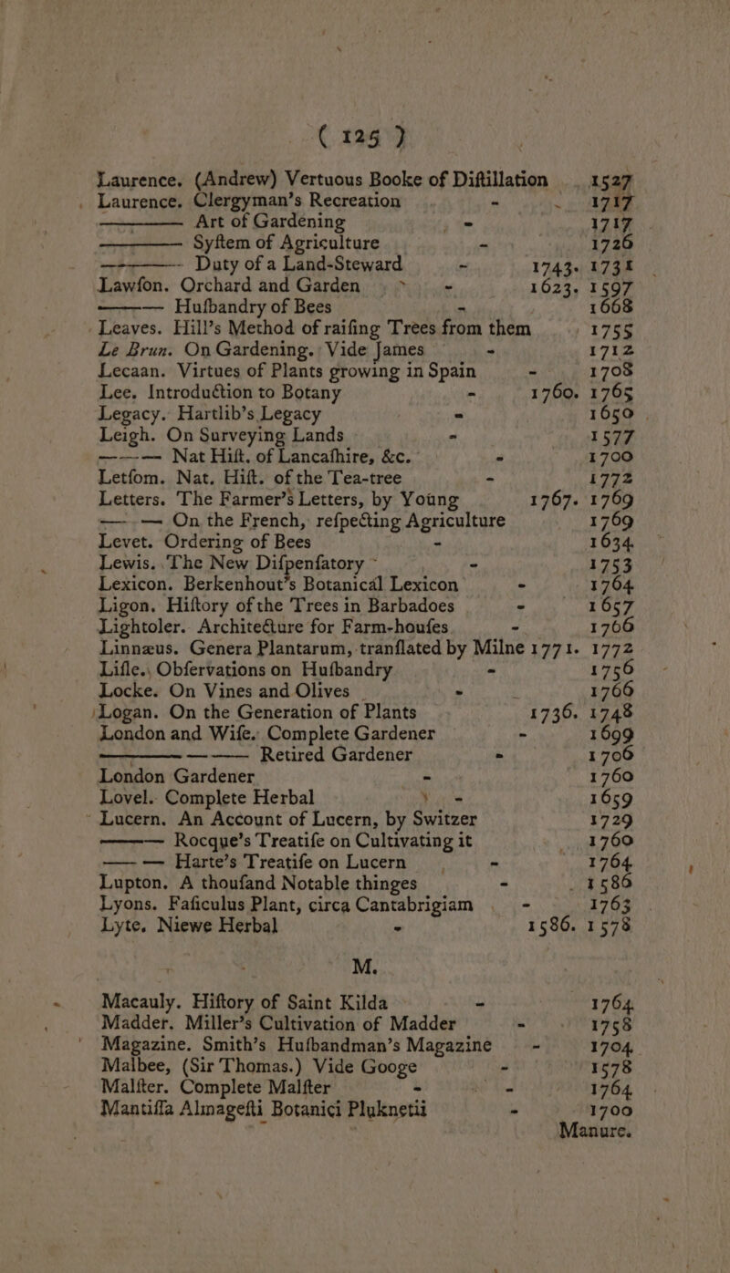 Laurence. (Andrew) Vertuous Booke of Diftillation _ 1527 . Laurence. Clergyman’s Recreation - WIT Art of Gardening - 1717 Syftem of Agriculture - 1726 Duty of a Land-Steward ~ 1743. 173% Lawfon. ‘Githad and Garden >. - 1623. 1597 — Hufbandry of Bees 1668 Leaves. Hill’s Method of raifing Trees from them 1755 Le Brun. On Gardening. Vide James - 171z Lecaan. Virtues of Plants growing in Spain - 1708 Lee, Introduétion to Botany - 1760. 1765 Legacy. Hartlib’s Legacy = 1650 | Leigh. On Surveying Lands > 1577 —-——--—- Nat Hilf. of Lancafhire, &amp;c. - 1700 Letfom. Nat. Hitt. of the Tea-tree - 1772 Letters. The Farmer’s Letters, by Young 1767. 1769 ——.— On the French, refpeGting Agriculture 1769 Levet. Ordering of Bees - 1634. Lewis. .The New Di {penfatory © - 1753 Lexicon. Berkenhout’s Botanical Lexicon - 1764 Ligon. Hiftory of the Trees in Barbadoes - 1657 Lightoler. Architefture for Farm-houfes > 1766 Linneus. Genera Plantarum, tranflated by Milne 1771. 1772 Lifle., Obfervations on Hufbandry > 1756 Locke. On Vines and Olives | - , 1766 \Logan. On the Generation of Plants 1736. 1748 London and Wife. Complete Gardener - 1699 —-—— Retired Gardener - 1706 London Gardener - | 1760 Lovel.. Complete Herbal , + 1659 ‘Lucern. An Account of Lucern, by Switzer 1729 Rocquye’s Treatife on Cultivating it 1760 —-— Harte’s Treatifeon Lucern - 1764 Lupton. A thoufand Notable thinges - _ 1586 Lyons. Faficulus Plant, circa Cantabrigiam . - E703 Lyte. Niewe Herbal - 1586. 1573 | M. Macauly. Hiftory of Saint Kilda - 1764. Madder. Miller’s Cultivation of Madder ST V3: Magazine. Smith’s Hufbandman’s Magazine —_ - 1704, Malbee, (Sir Thomas.) Vide Saag - 1578 Maliter. Complete Malfter Ne Ne 9964 Mantiffa Alinagefti Botanici Pluknetii - 1700 Manure.