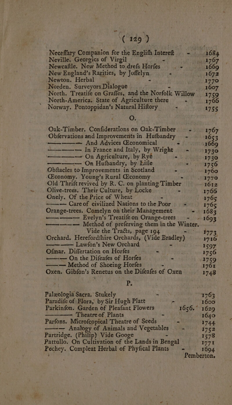 Neceffary Companion for the Englith titers ~ 1684 Neville. Georgics of Virgil 1767 Newcatftle. New Method to drefs Hees feta 1669 New England’s Rarities, by Jonesy 4 Tigh MG Yee Newton. Herbal 1 1770 Norden. Surveyors Dialogue 1607 North. Treatife on Graffes, and the Norfolk Willow 1759 North-America, State of Agriculture there - 1766 Norway. Pontoppidan’s Natural Hiftory_ : 1755 O. | ! Oak-Timber. Confiderations on Oak-Timber. — - 1767 Obfervations and Improvements in Hufbandry — - 1653 ee -— And Adyices Giconomical - .1669 ————~— In France and Italy, by Wright = - 1730 ——_——-— On Agriculture, by Ryé 4.0 1730 ——— On Hufbandry, by bile . 1756 Obftacles to Improvements in Scotland - 1760 ‘Economy. Young’s Rural @conomy 1770 Old Thrift revived by R. C. on planting Timber 1612 Olive-trees. Their Culture, by Locke 1766 Onely. Of the Price of Wheat ~ 1765 -———— Careof civilized Nations to the Poor - 1765 Orange-trees. Comelyn on their Management -. 1683 ——-———— Evelyn’s Treatifeon Orange-trees - - 1693 ———-—-— Method of preferving them inthe Winter. | - ° Vide the Tracts, page 194 973 Orchard. Herefordthire Orchards, (Vide Bradley) 1716 —— —: Lawfon’s New Orchard 1597 Ofmar. Differtation on Horfes = — 1756 —— On the Difeafes of Horfes  1759 ——-— Method of Shoeing Horfes > 1761 Oxen. Gibfon’s Renetus on the Difeafes of Oxen 1748 i! Palzologia Sacra, Stukely - 1763 Paradife of Flora, by Sir Hugh Platt - 1600 Parkinfon. Garden of Pleafant Flowers 1656.° 1629 Theatre of Plants 3 1640 Parfons. Microfcopical Theatre of Seeds - 1744 —--— Analogy of Animals and Vegetables ~ 1752 Partridge. (Philip) Vide Googe : 1578 Pattullo. On Cultivation of the Lands in Bengal 1771 Bechey. Compleat Herbal of Phyfical Plants = - 1694. Pemberton.